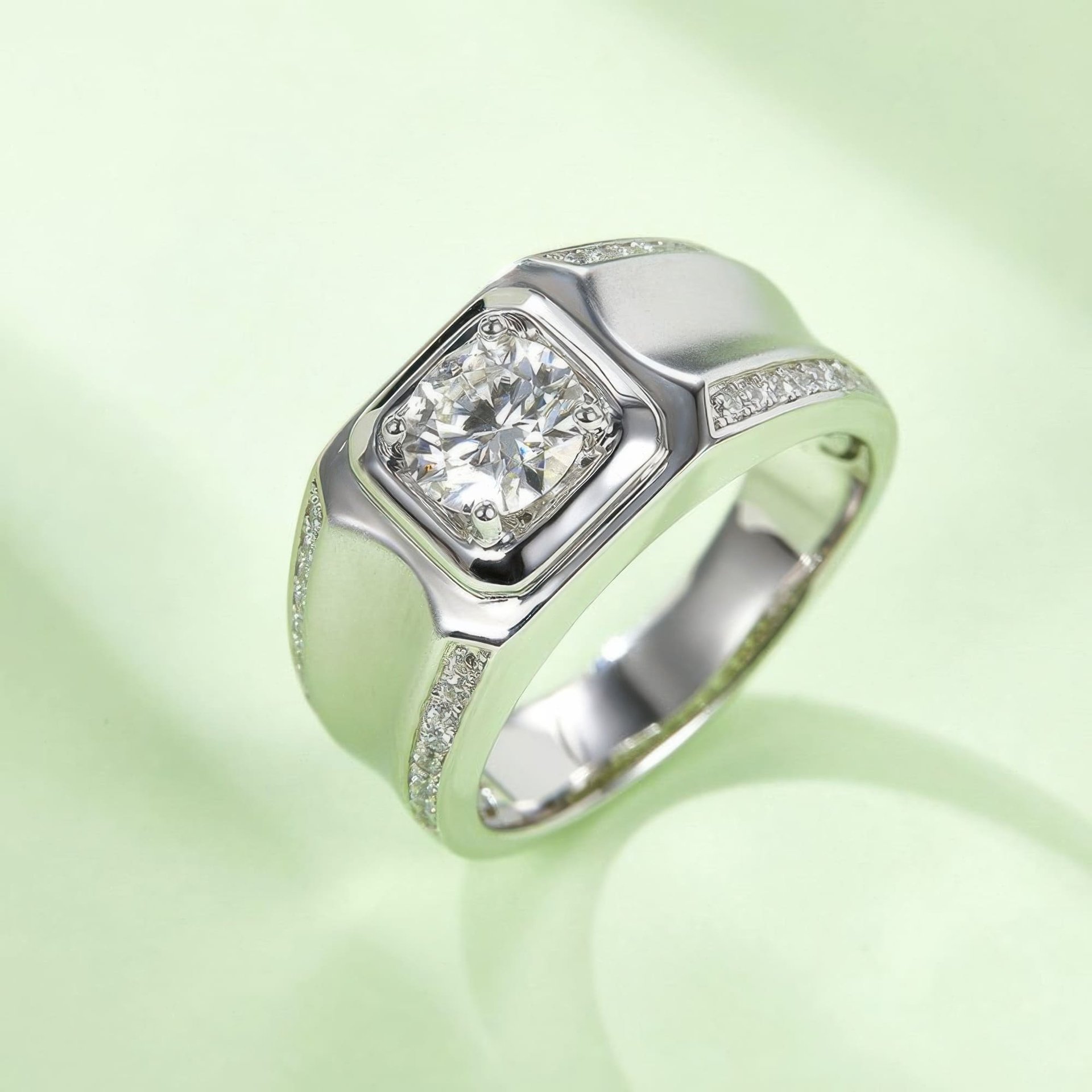 Men's Moissanite Signet Ring | 1ct DEW 6.5mm Round Brilliant Solitaire 925 Sterling Silver Band - Image 2