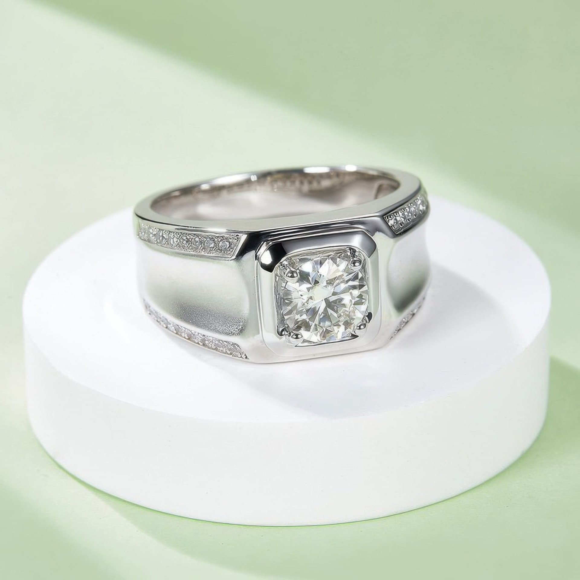 Men's Moissanite Signet Ring | 1ct DEW 6.5mm Round Brilliant Solitaire 925 Sterling Silver Band - Image 3