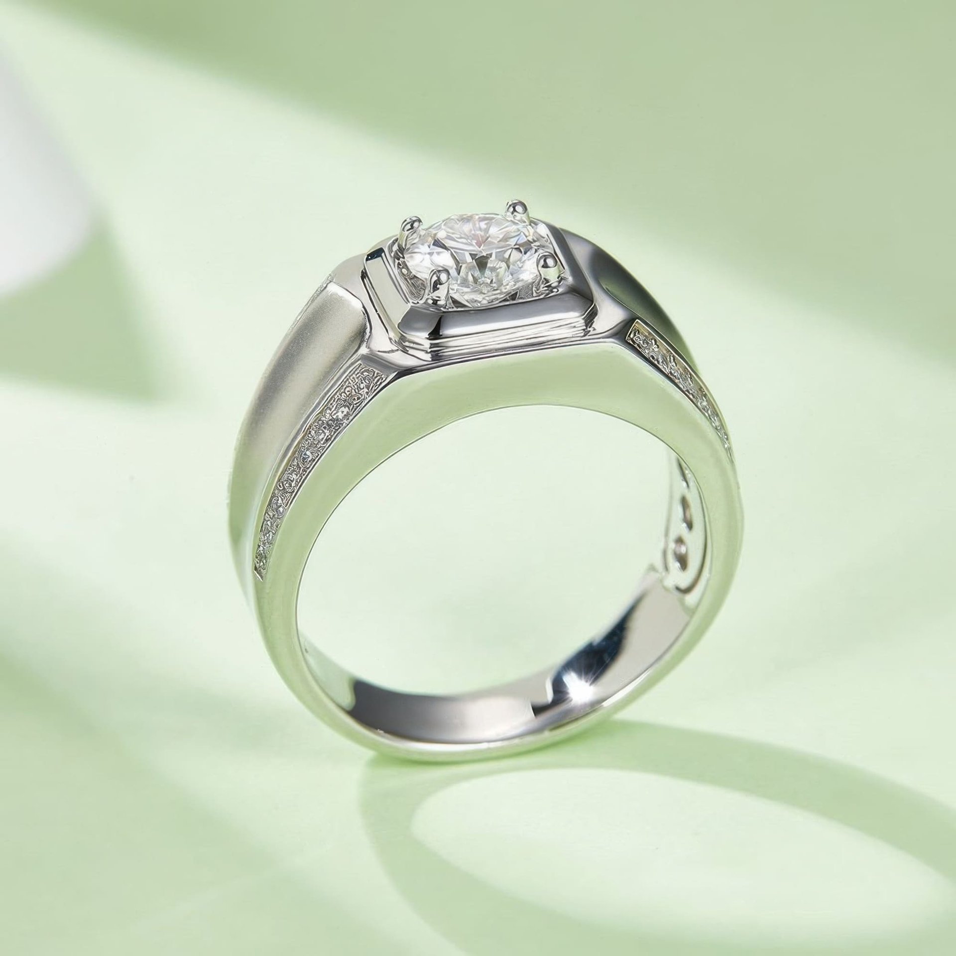 Men's Moissanite Signet Ring | 1ct DEW 6.5mm Round Brilliant Solitaire 925 Sterling Silver Band - Image 4