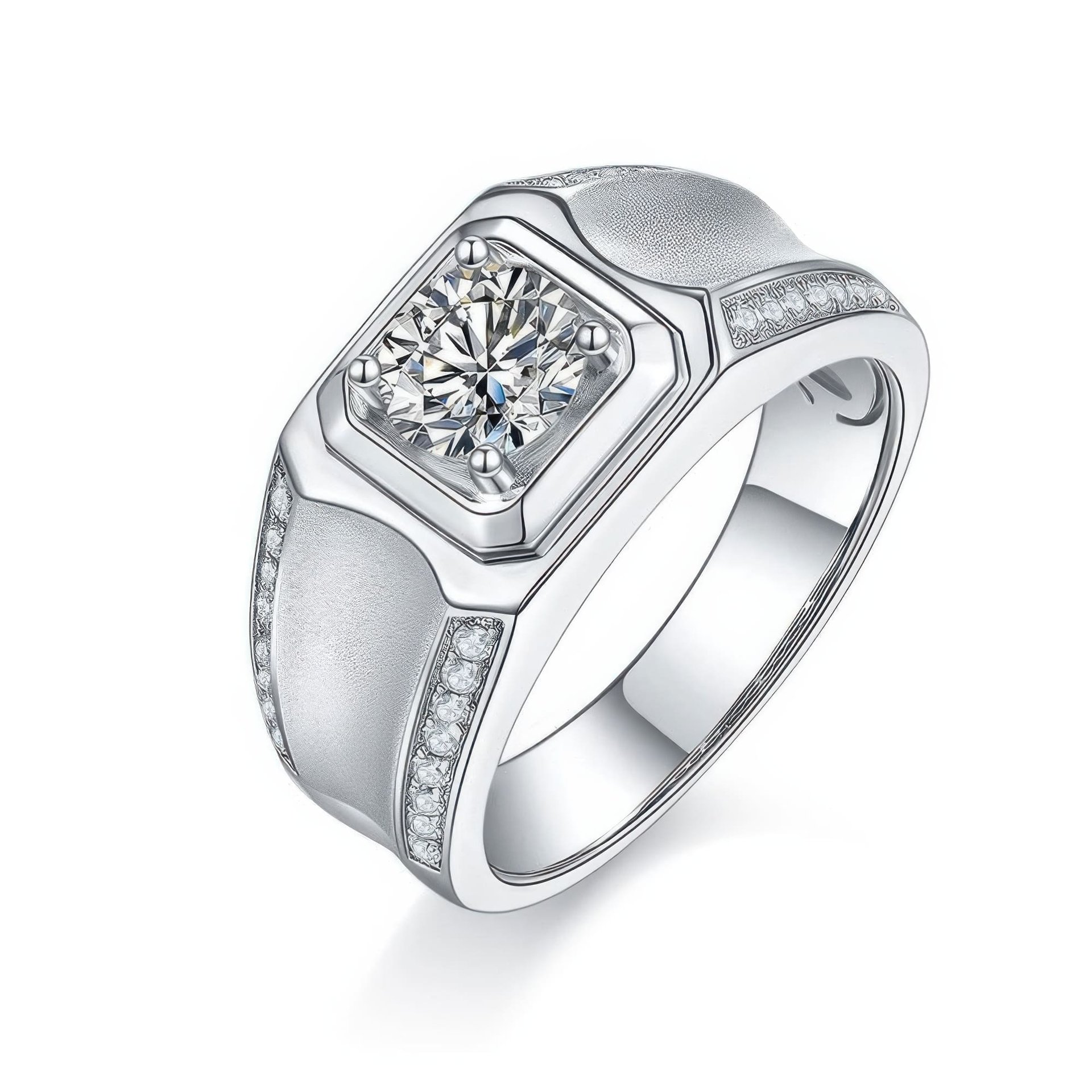 Men's Moissanite Signet Ring | 1ct DEW 6.5mm Round Brilliant Solitaire 925 Sterling Silver Band