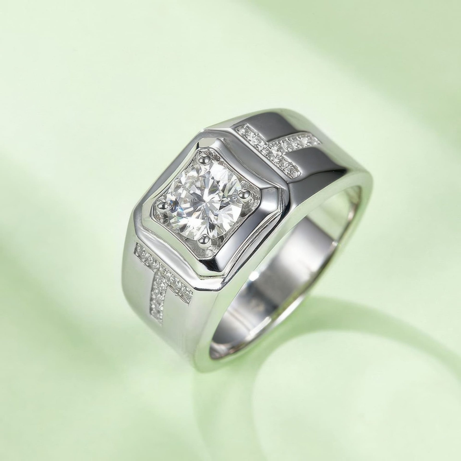Men's Round-Cut Moissanite Signet Band | 1ct DEW (6.5mm) 925 Sterling Silver Pavé Ring - alternate view