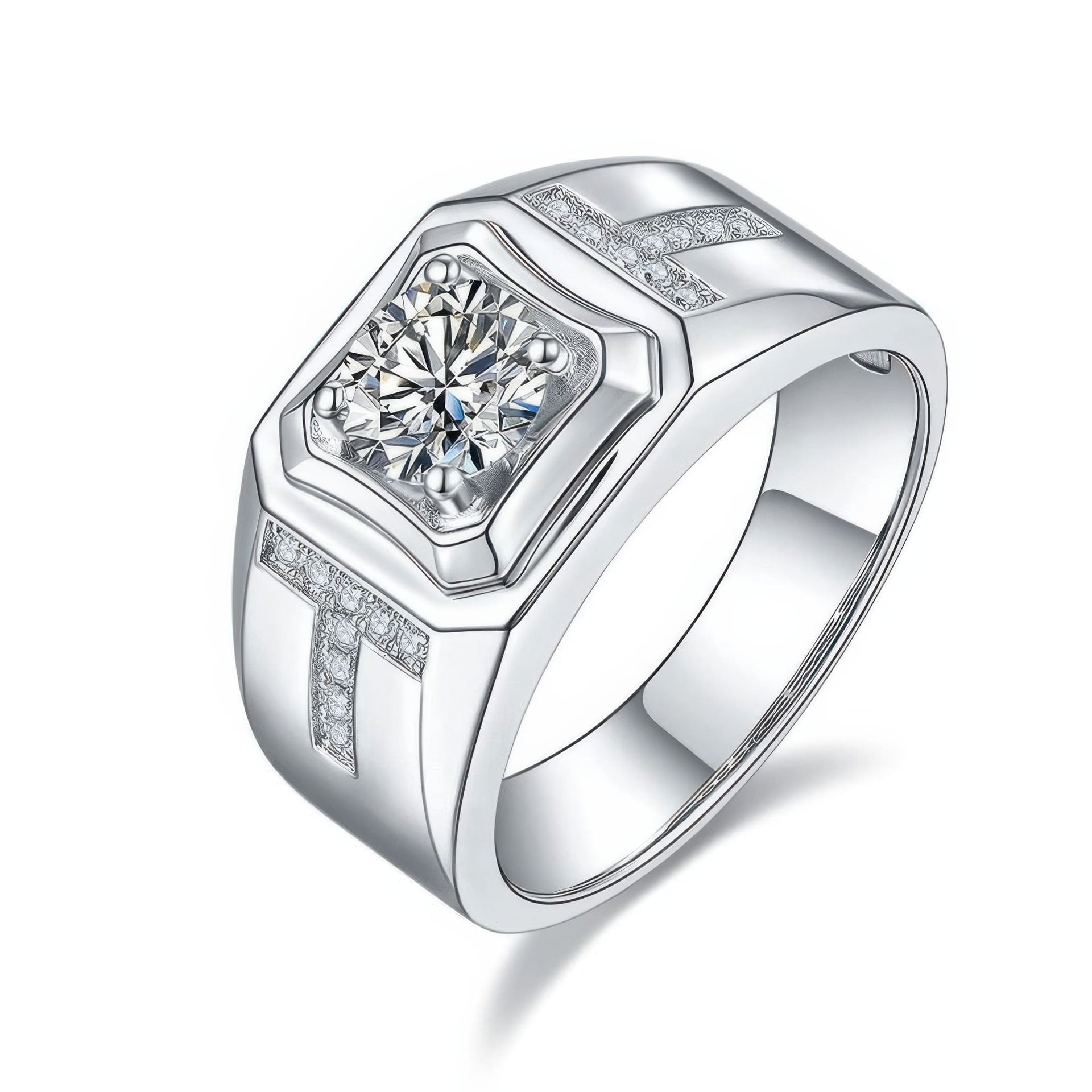 Men's Round-Cut Moissanite Signet Band | 1ct DEW (6.5mm) 925 Sterling Silver Pavé Ring