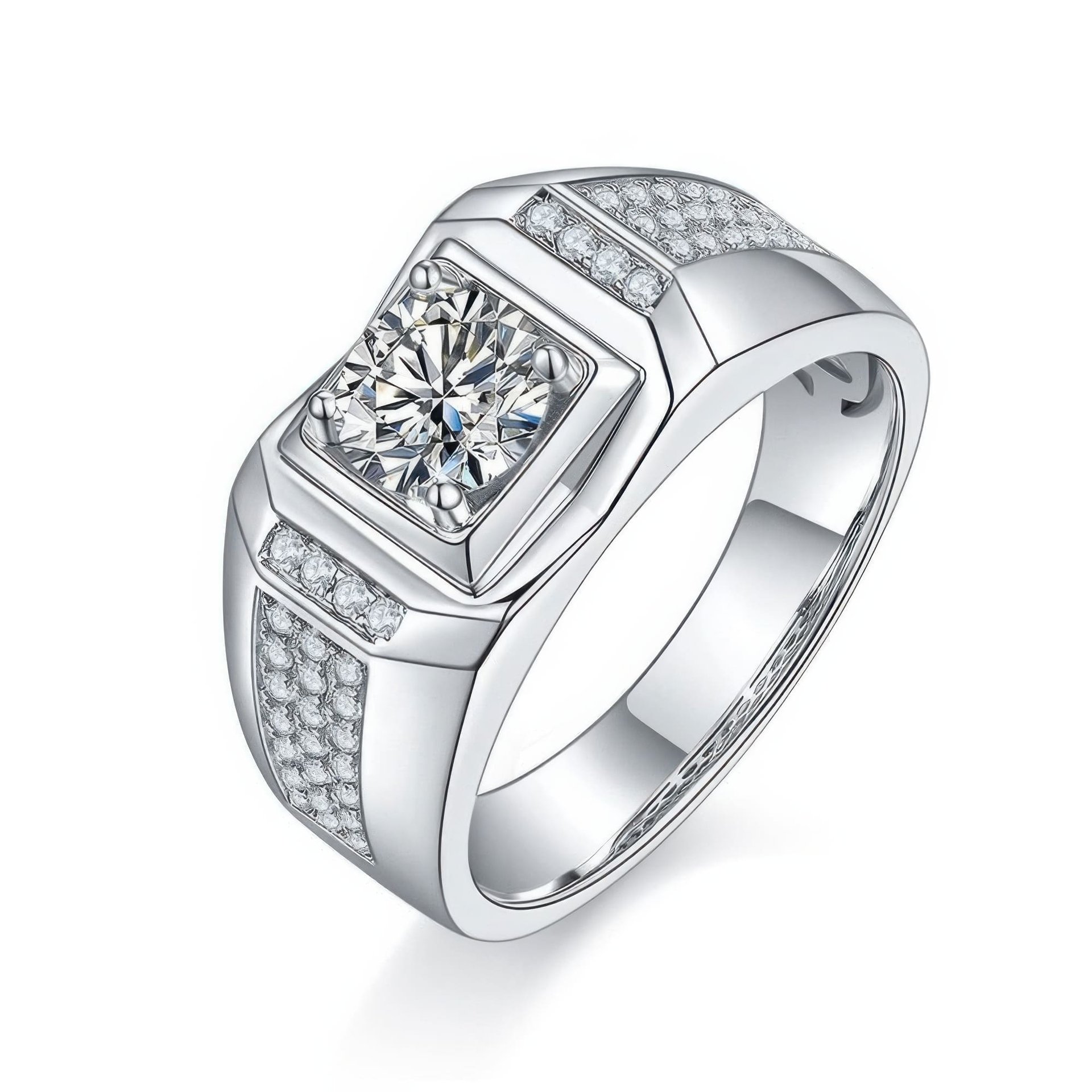Vintage Men's Moissanite Ring | 1ct Round Cut DEF VVS Squared Pavé Signet 925 Sterling Silver