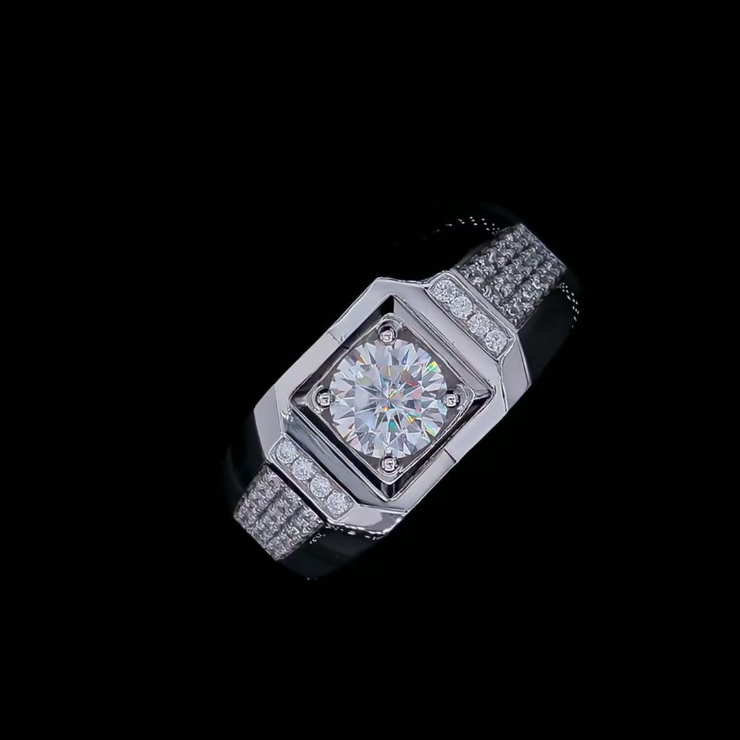 Vintage Men's Moissanite Ring | 1ct Round Cut DEF VVS Squared Pavé Signet 925 Sterling Silver product video thumbnail