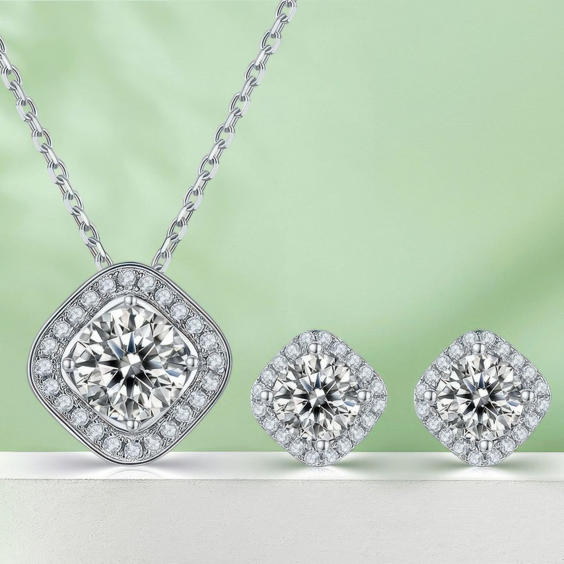 Square Halo Moissanite Jewelry Set | Cushion-Frame Pendant Necklace & Stud Earrings in 925 Silver - Image 8