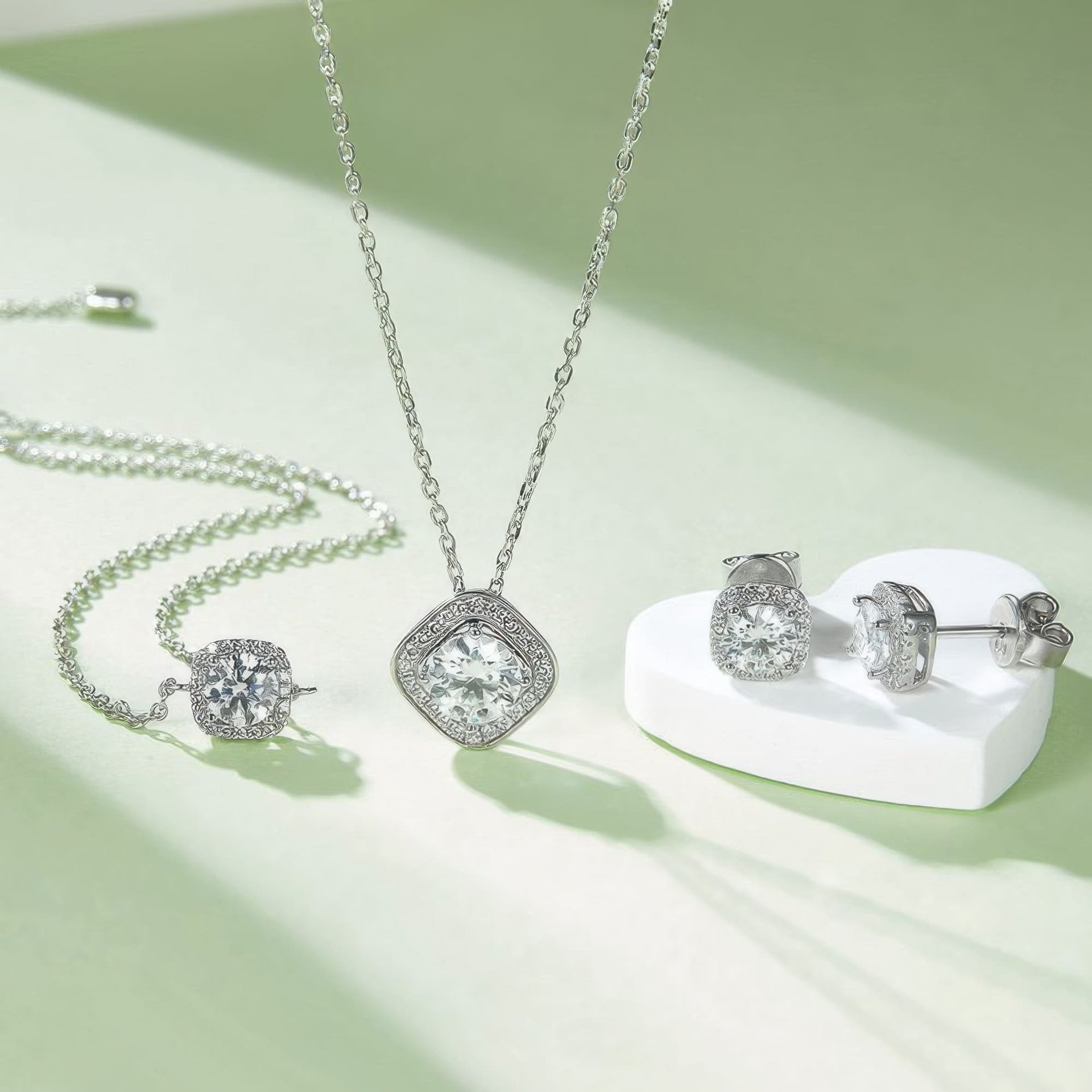 Square Halo Moissanite Jewelry Set | Cushion-Frame Pendant Necklace & Stud Earrings in 925 Silver - Image 3