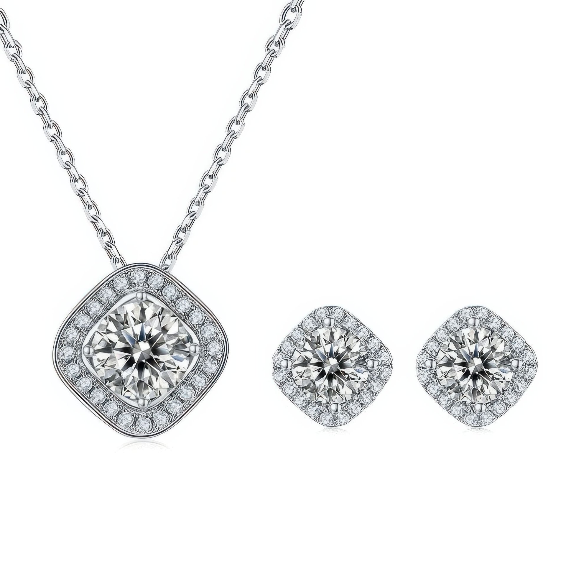 Square Halo Moissanite Jewelry Set | Cushion-Frame Pendant Necklace & Stud Earrings in 925 Silver