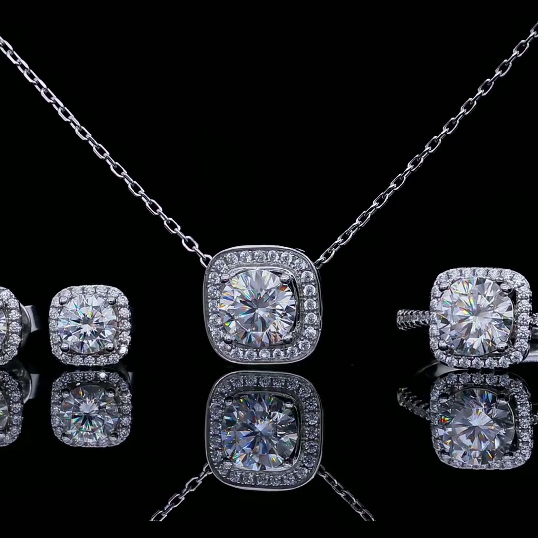 Square Halo Moissanite Jewelry Set | Cushion-Frame Pendant Necklace & Stud Earrings in 925 Silver product video thumbnail