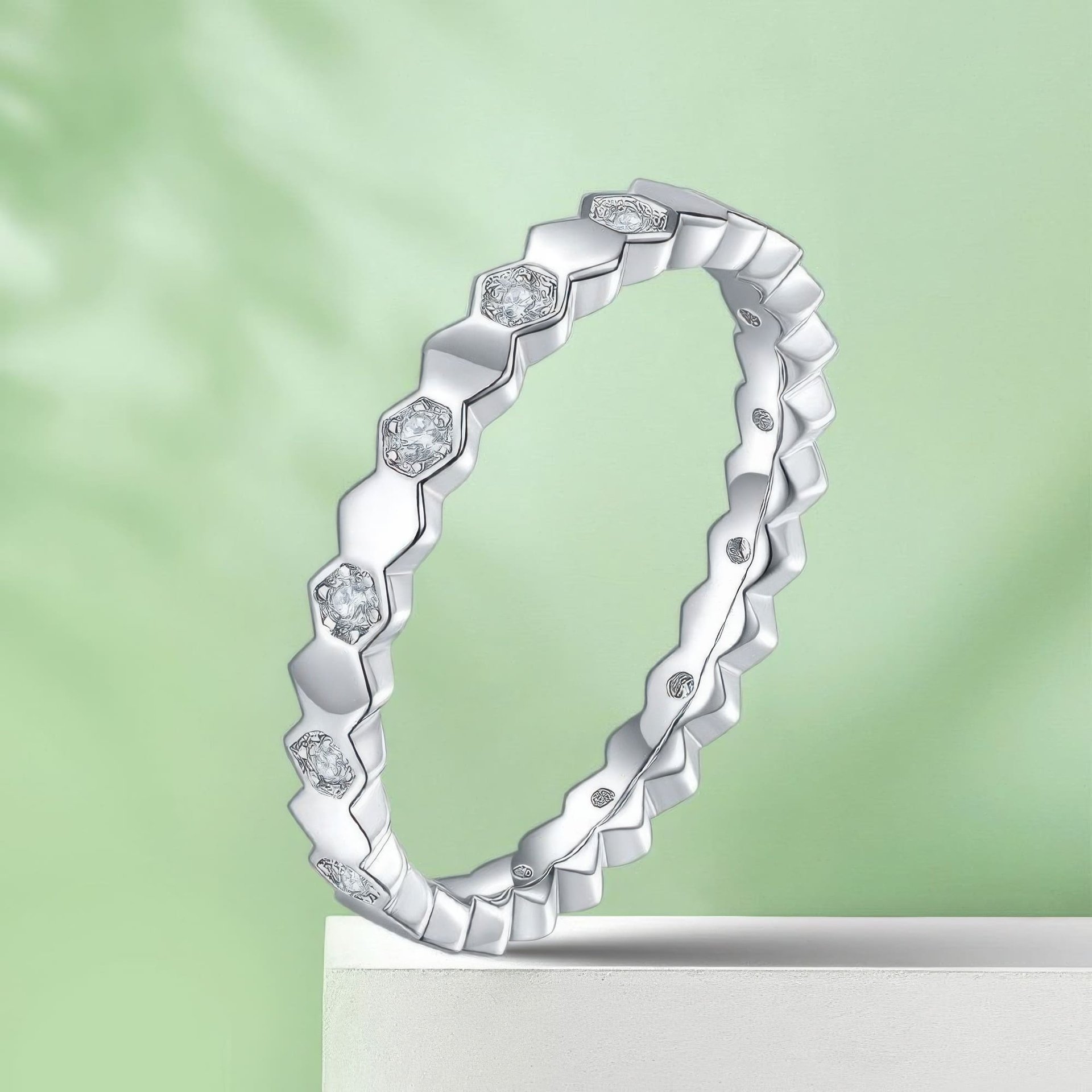 Honeycomb Moissanite Eternity Band | 925 Sterling Silver Hexagonal Stacking Ring - Image 5