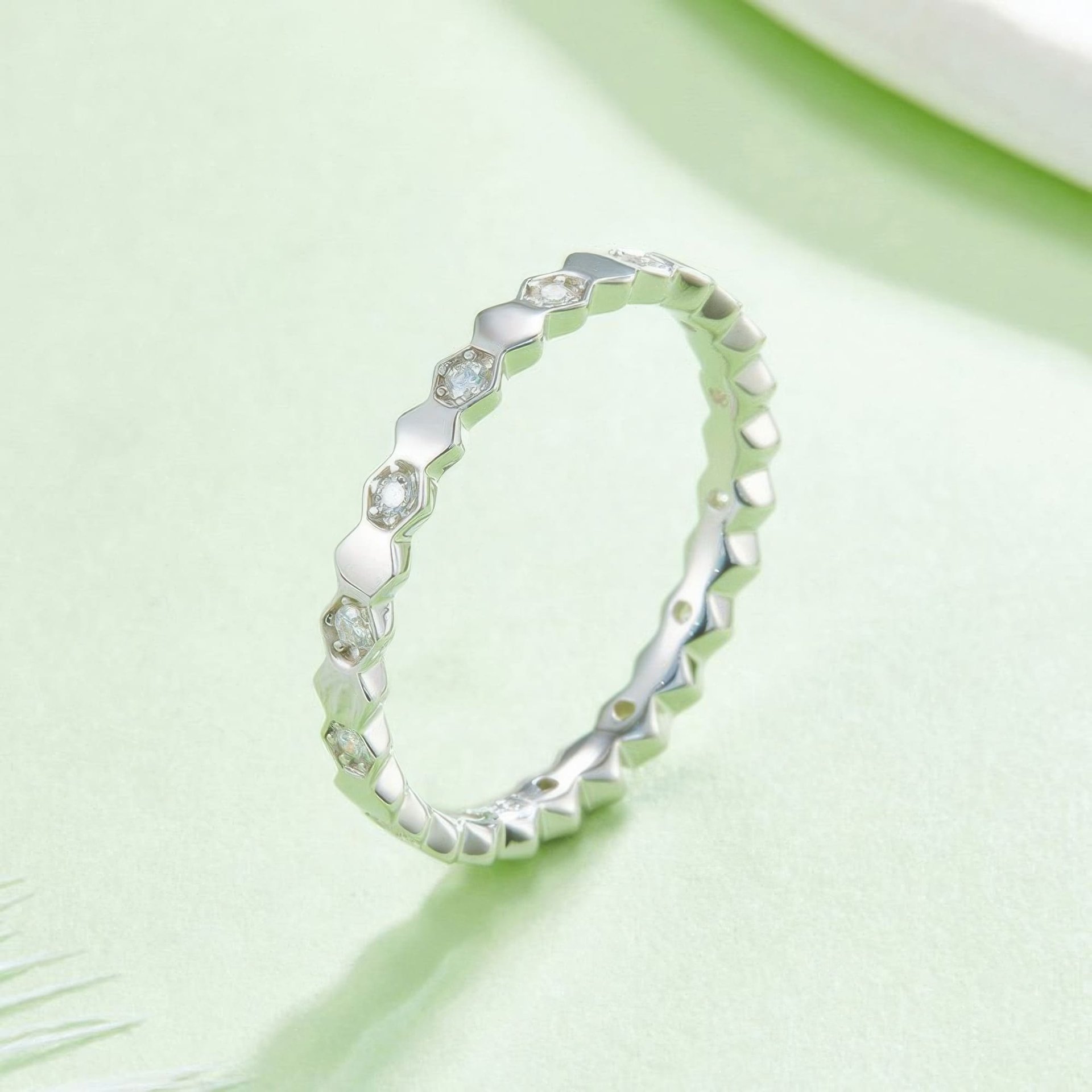 Honeycomb Moissanite Eternity Band | 925 Sterling Silver Hexagonal Stacking Ring - alternate view