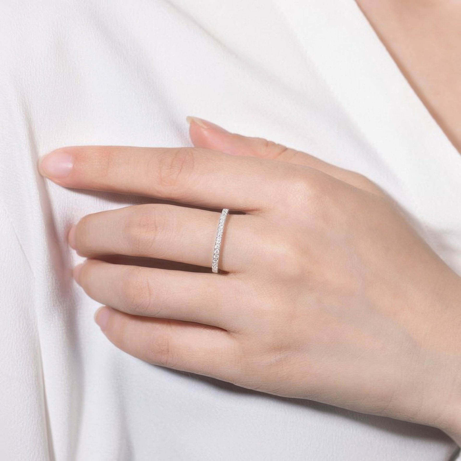 Moissanite Half Eternity Band Ring | Round Pavé Stacking Wedding Ring | 925 Sterling Silver - alternate view