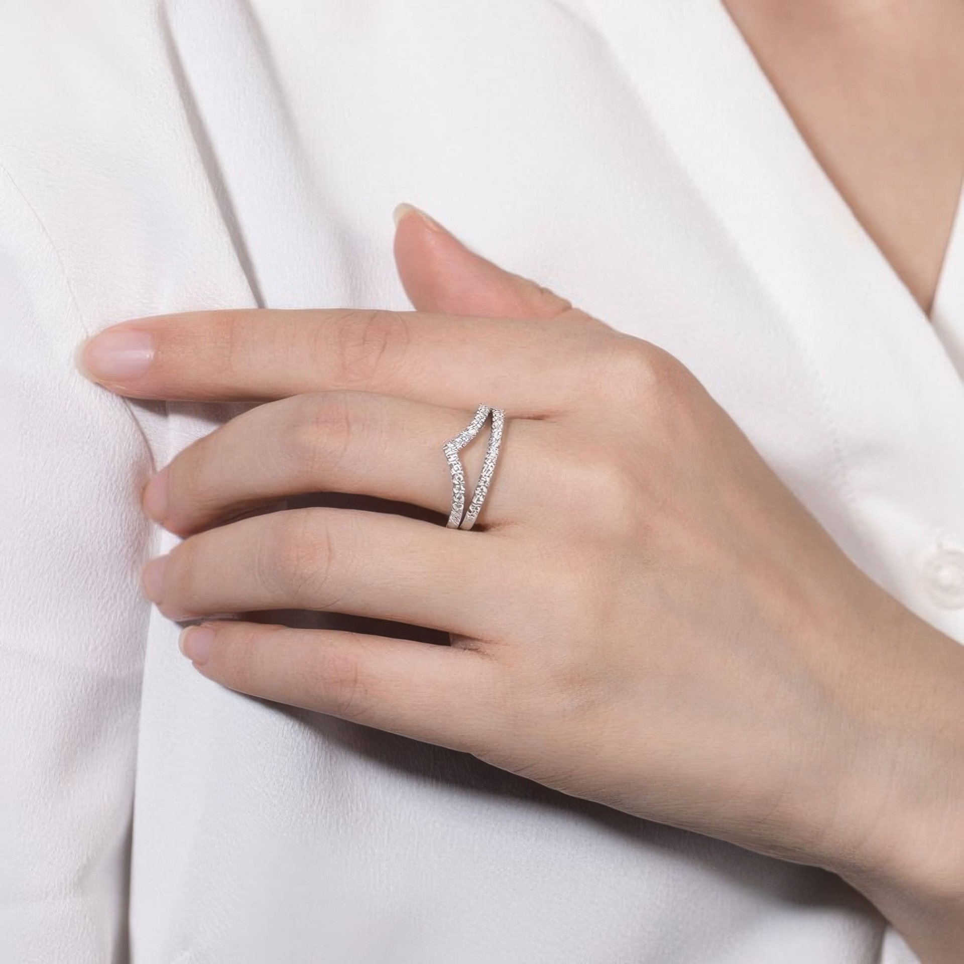 V-Shaped Moissanite Ring | Chevron Pave Wishbone Stacking Band | 925 Sterling Silver - alternate view