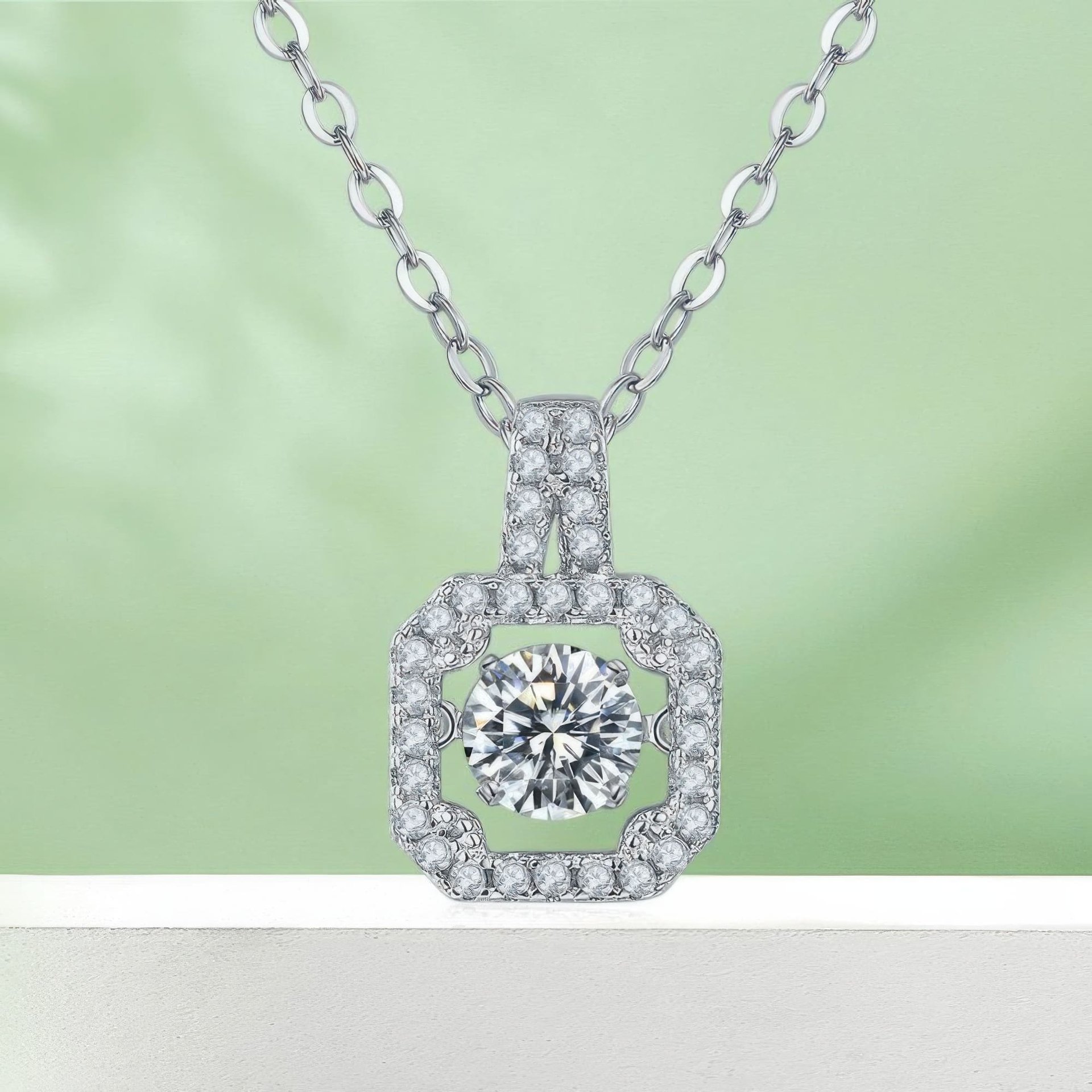 Round Cut Moissanite Halo Pendant Necklace | Square Pavé Frame 925 Sterling Silver - Image 6