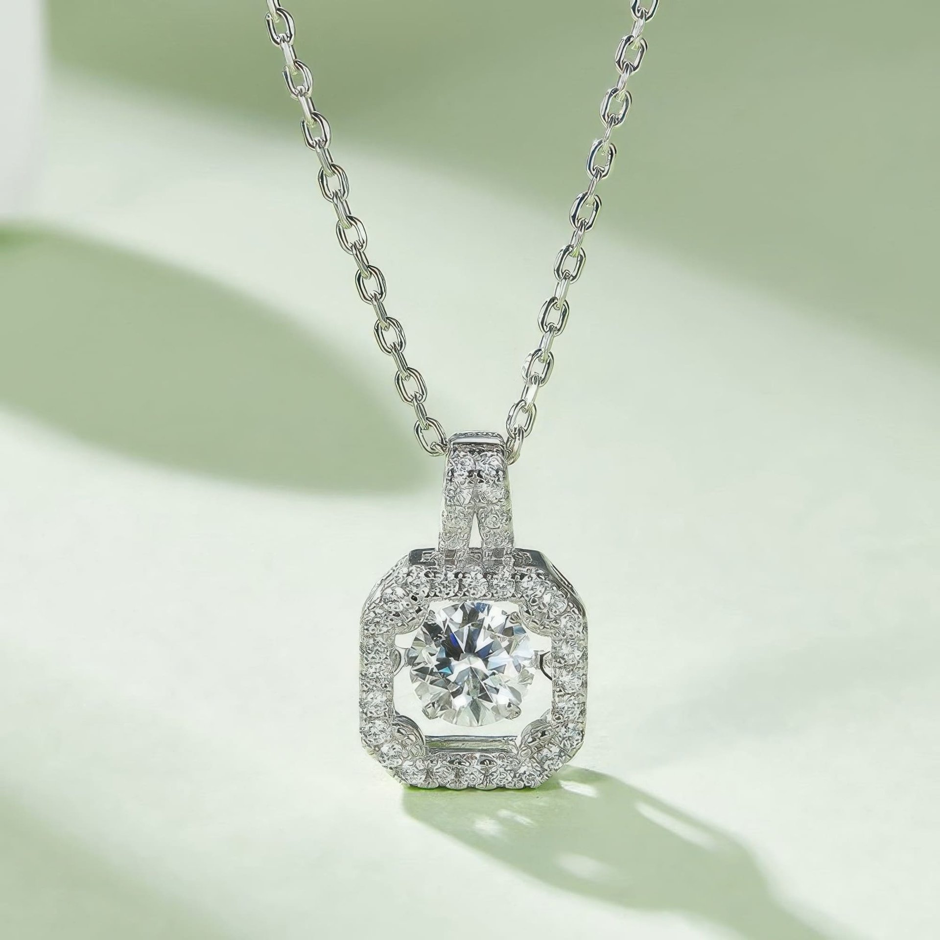 Round Cut Moissanite Halo Pendant Necklace | Square Pavé Frame 925 Sterling Silver - Image 3