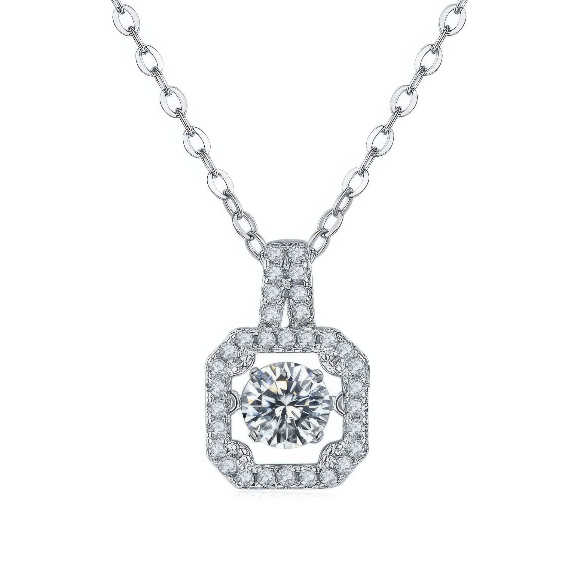 Round Cut Moissanite Halo Pendant Necklace | Square Pavé Frame 925 Sterling Silver