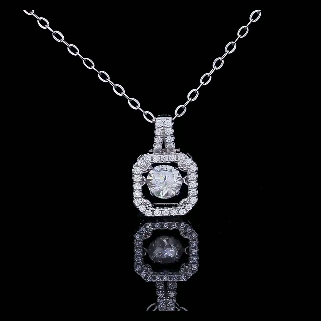 Round Cut Moissanite Halo Pendant Necklace | Square Pavé Frame 925 Sterling Silver product video thumbnail