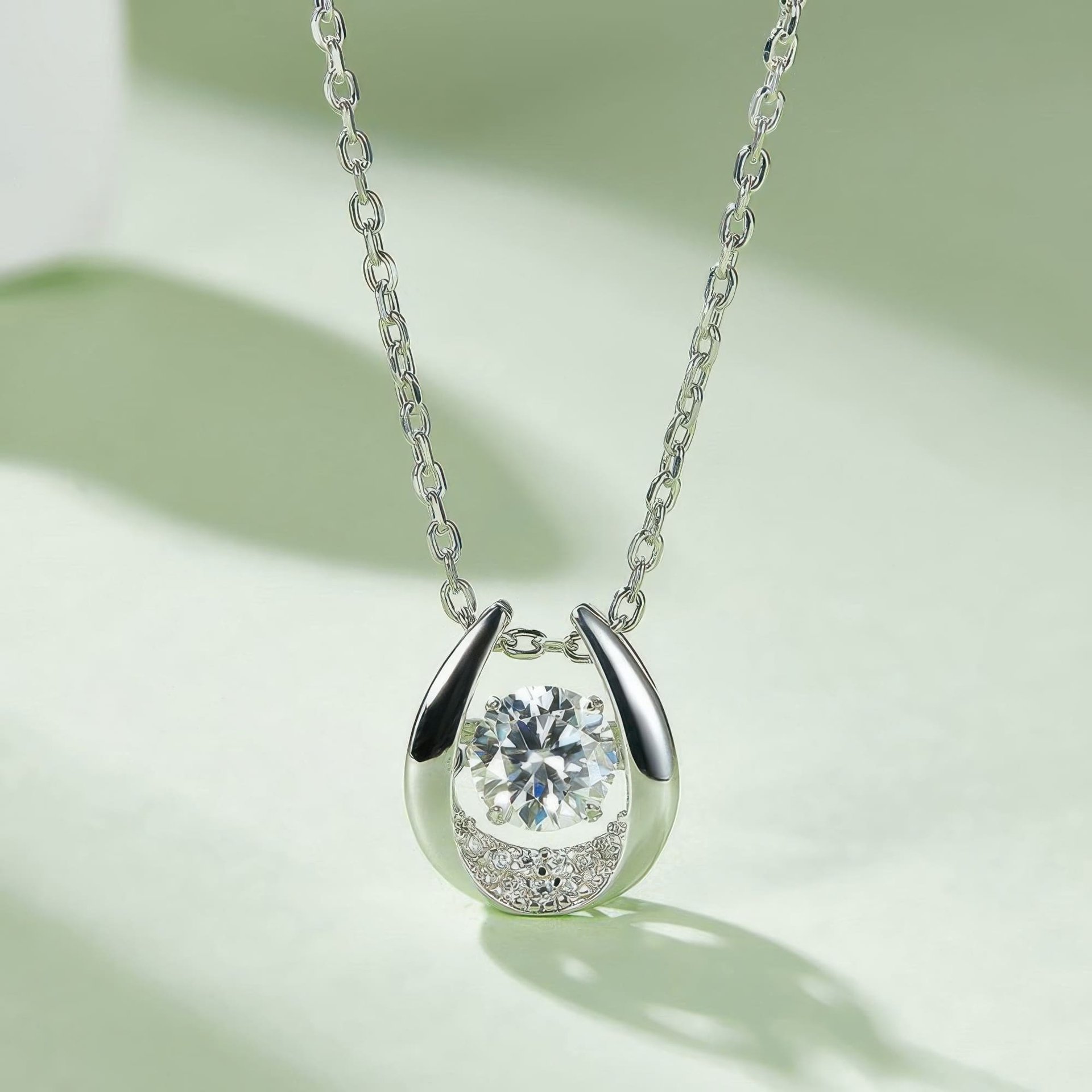 Horseshoe Moissanite Pendant Necklace | 0.5ct DEW Round Floating Stone | 925 Sterling Silver - Image 3