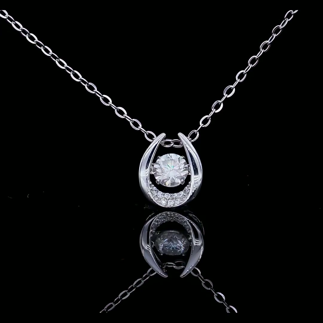 Horseshoe Moissanite Pendant Necklace | 0.5ct DEW Round Floating Stone | 925 Sterling Silver product video thumbnail