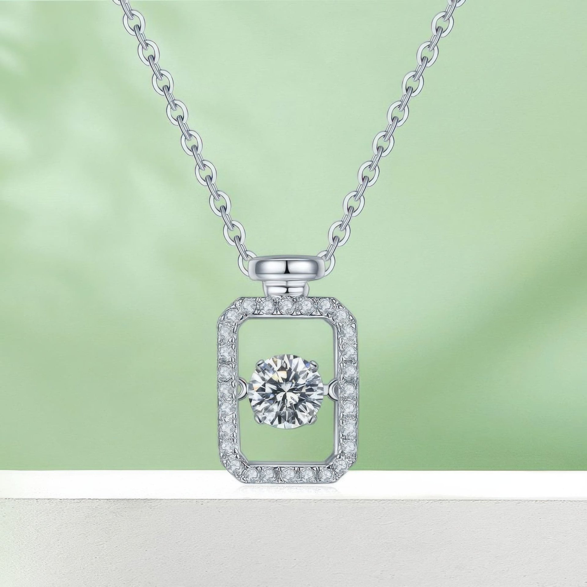 Geometric Bottle Halo Moissanite Pendant Necklace | Dancing Round Cut | 925 Sterling Silver - Image 5