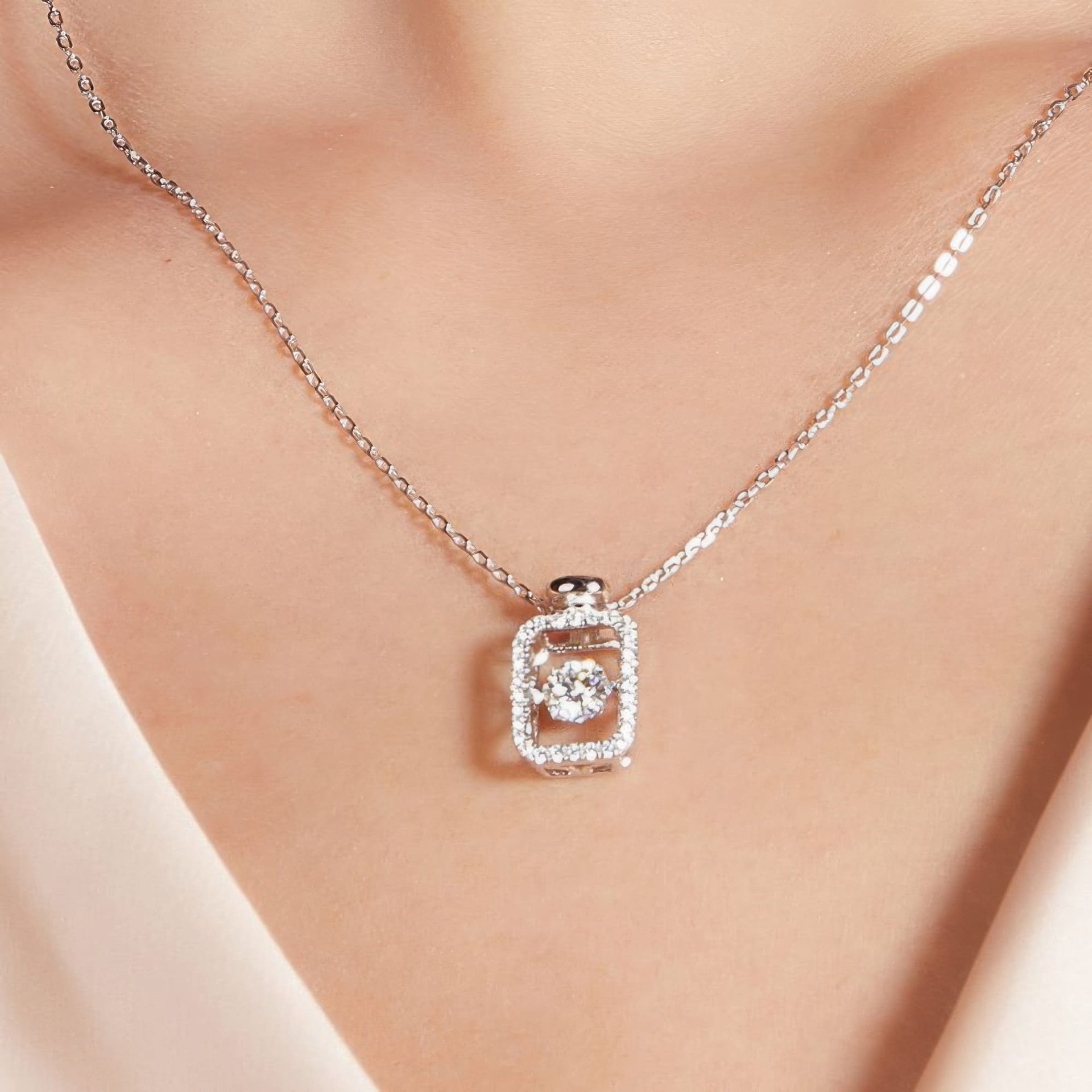 Geometric Bottle Halo Moissanite Pendant Necklace | Dancing Round Cut | 925 Sterling Silver - Image 2