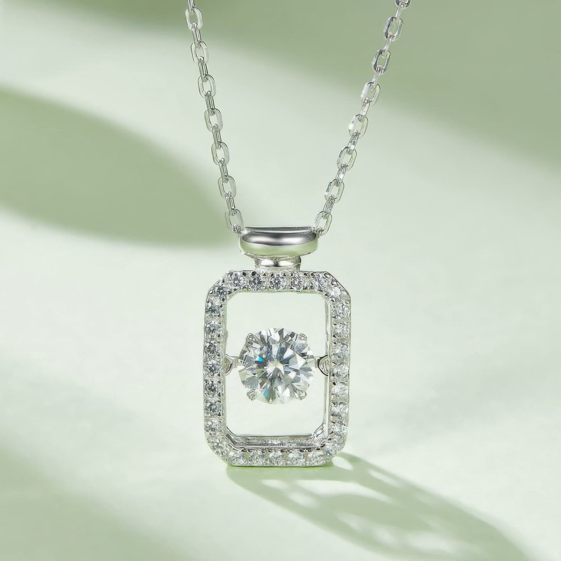 Geometric Bottle Halo Moissanite Pendant Necklace | Dancing Round Cut | 925 Sterling Silver - Image 3