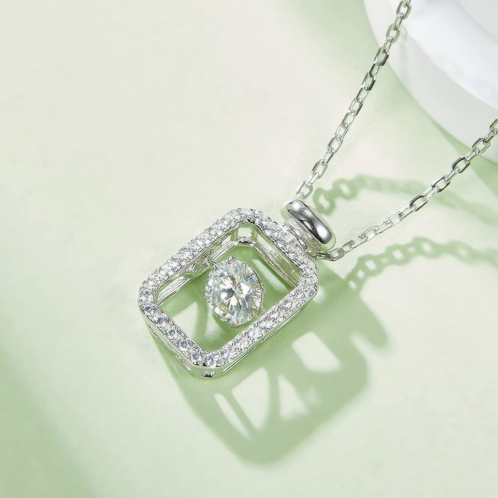 Geometric Bottle Halo Moissanite Pendant Necklace | Dancing Round Cut | 925 Sterling Silver - Image 4