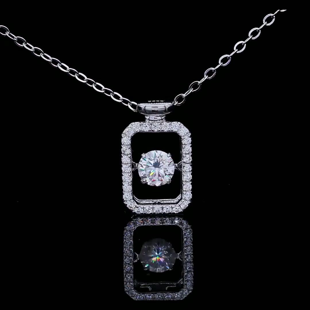 Geometric Bottle Halo Moissanite Pendant Necklace | Dancing Round Cut | 925 Sterling Silver product video thumbnail