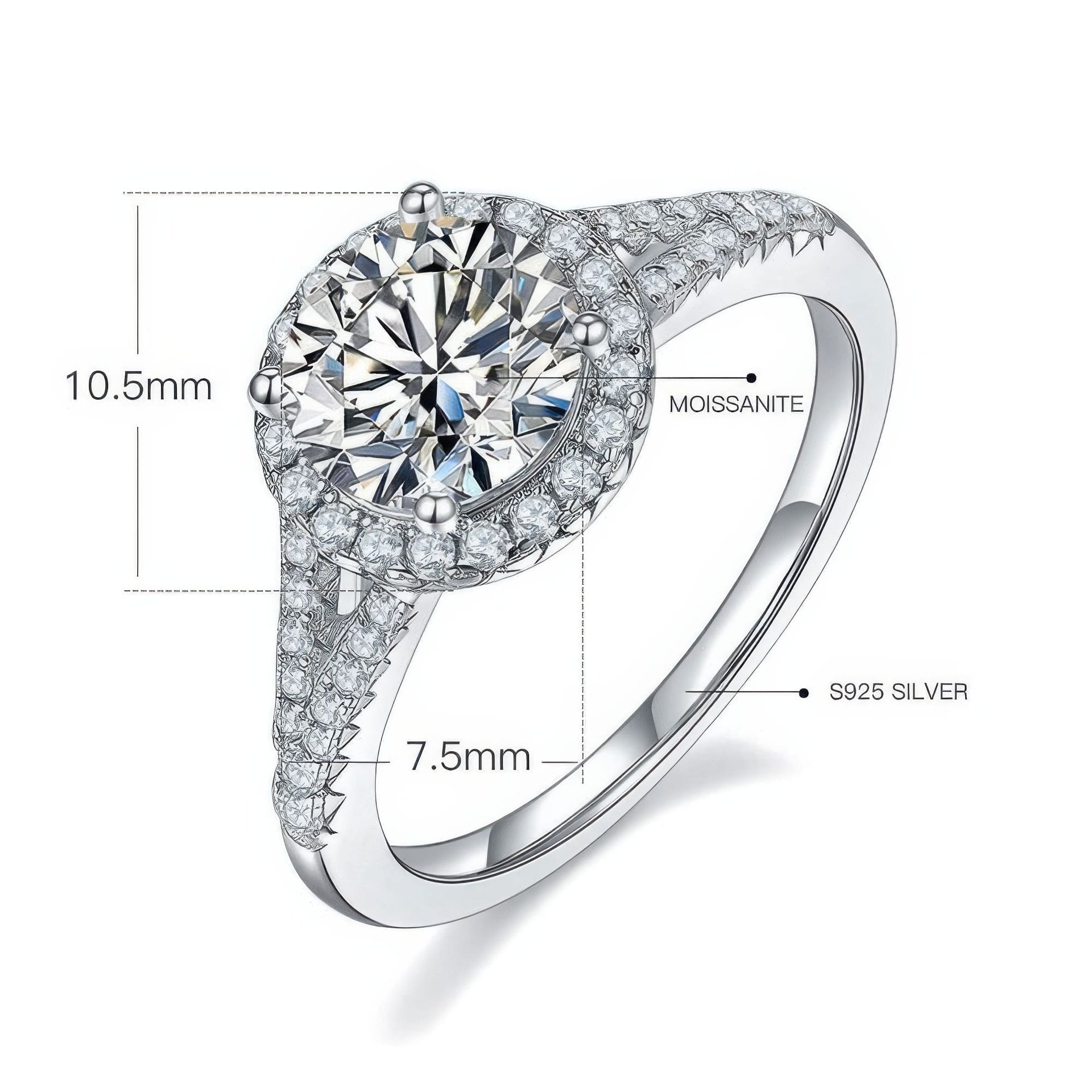 Double Shank Moissanite Ring | 1.5ct Round Halo, Split-Shank Pave Band | DEF VVS - Image 6
