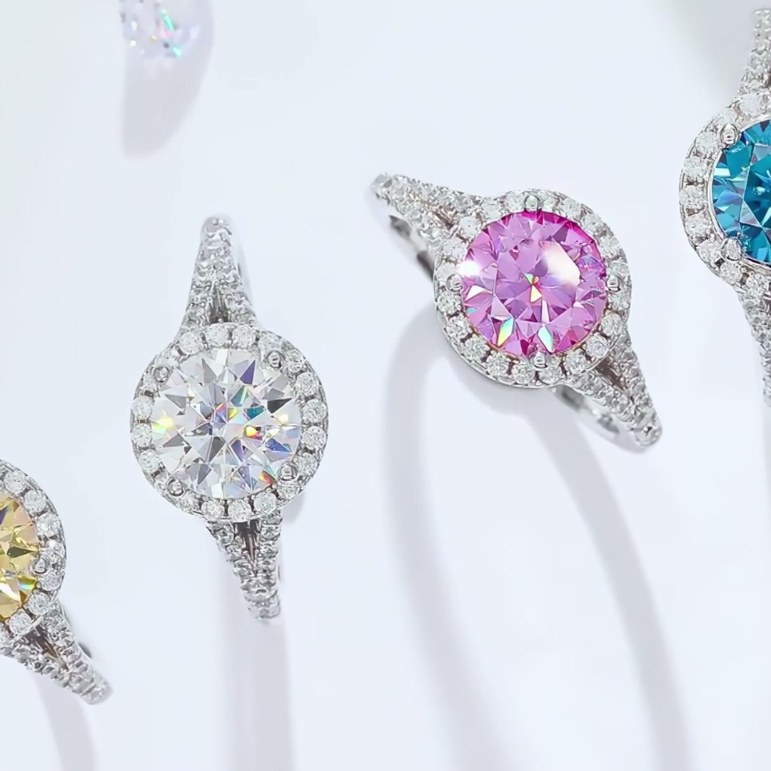 Double Shank Moissanite Ring | 1.5ct Round Halo, Split-Shank Pave Band | DEF VVS product video thumbnail