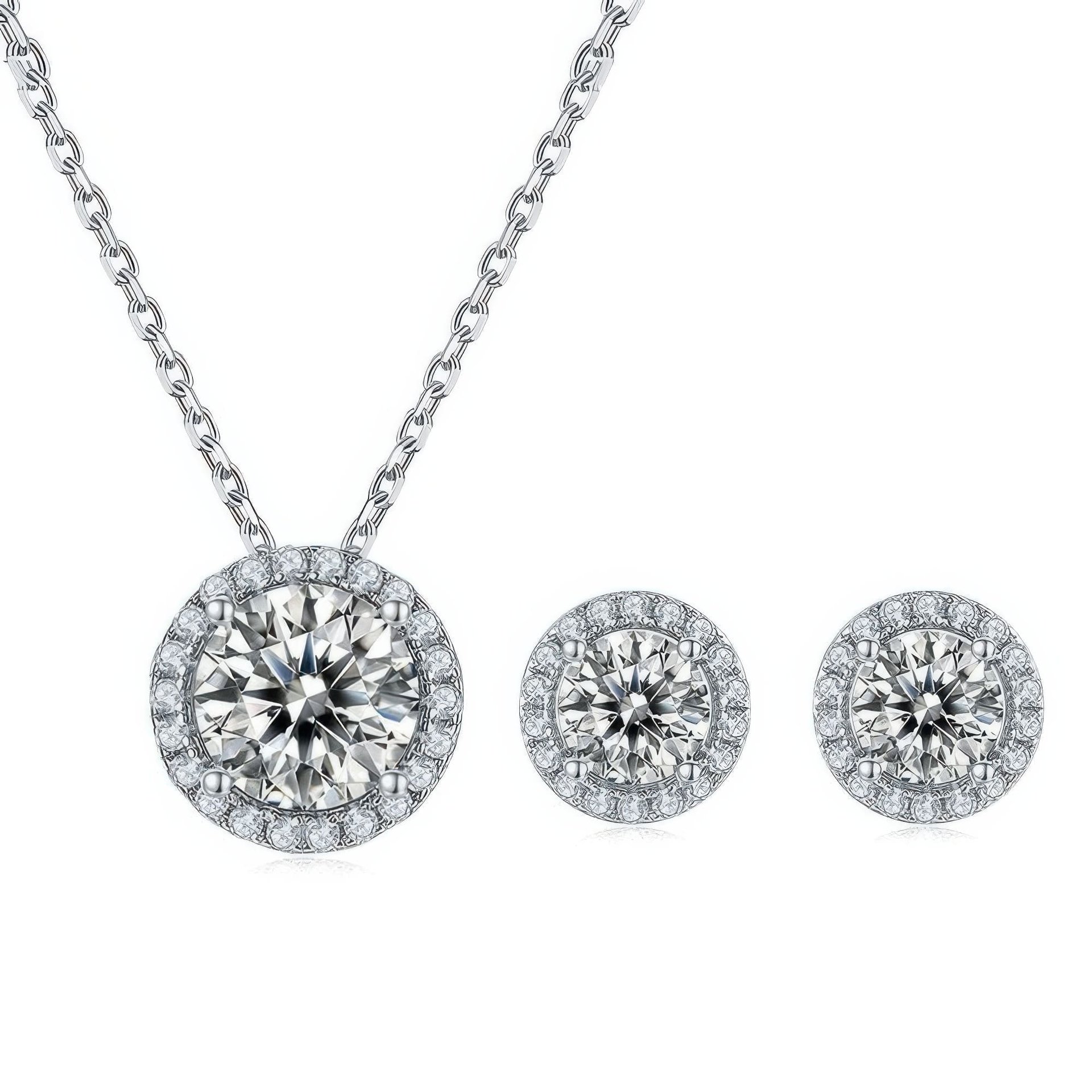 Round Halo Moissanite Pendant & Stud Earring Set | 925 Silver | 2ct DEW Center