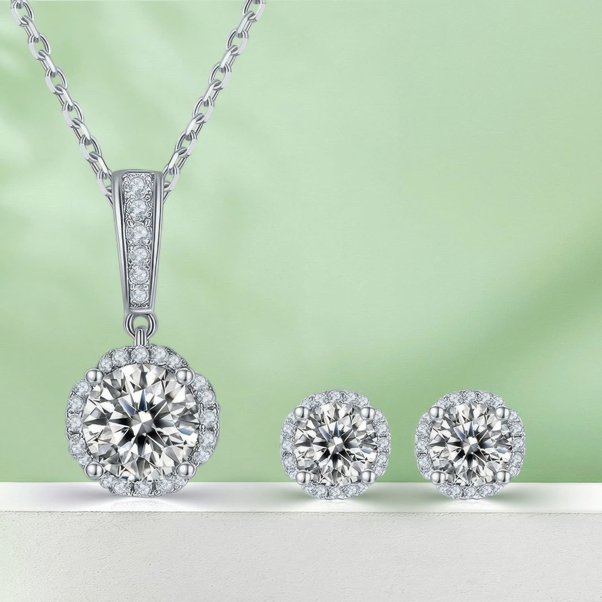 Moissanite Floral Halo Jewelry Set | Round Pendant Necklace & Stud Earrings | 925 Silver - Image 7