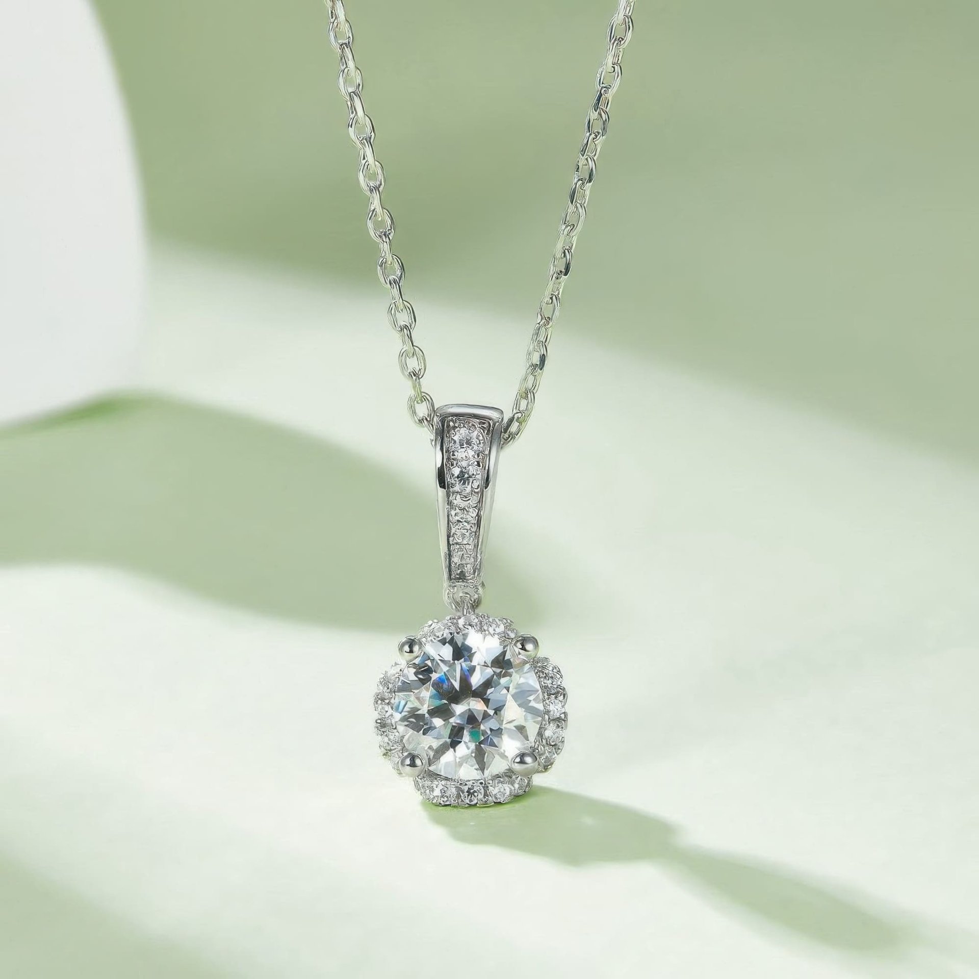 Moissanite Floral Halo Jewelry Set | Round Pendant Necklace & Stud Earrings | 925 Silver - Image 5