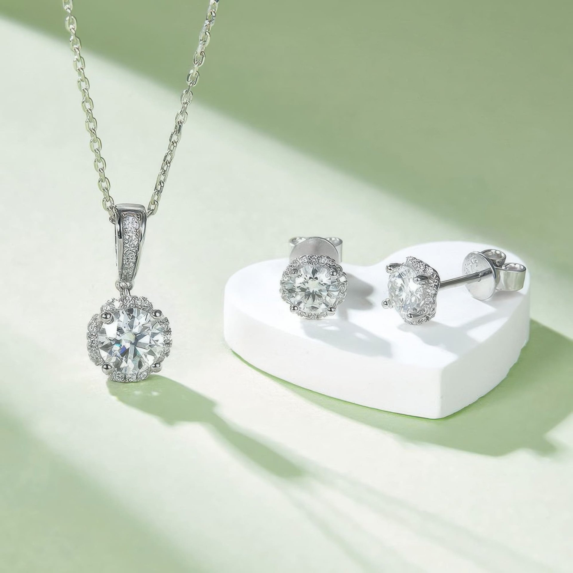 Moissanite Floral Halo Jewelry Set | Round Pendant Necklace & Stud Earrings | 925 Silver - Image 3