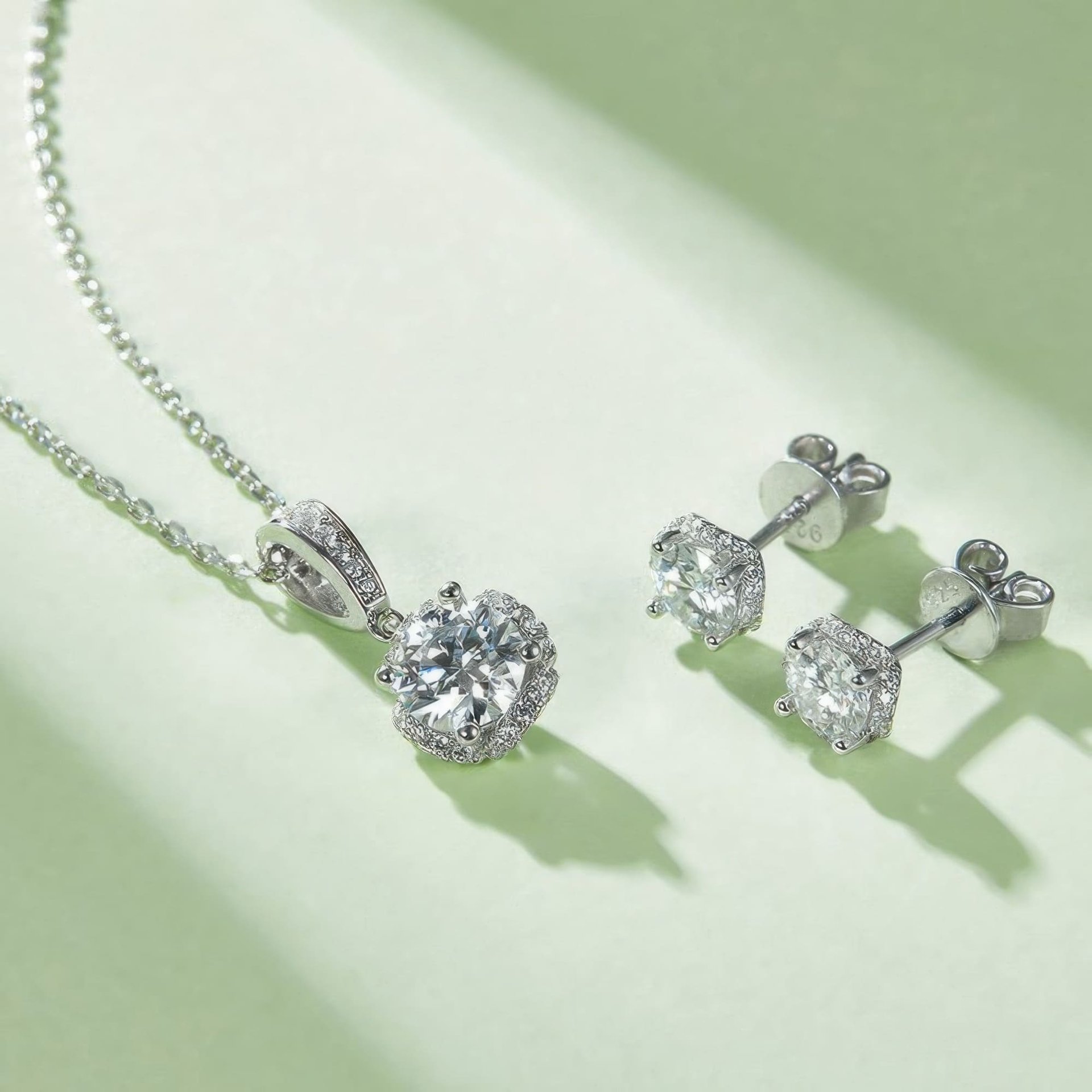 Moissanite Floral Halo Jewelry Set | Round Pendant Necklace & Stud Earrings | 925 Silver - Image 4