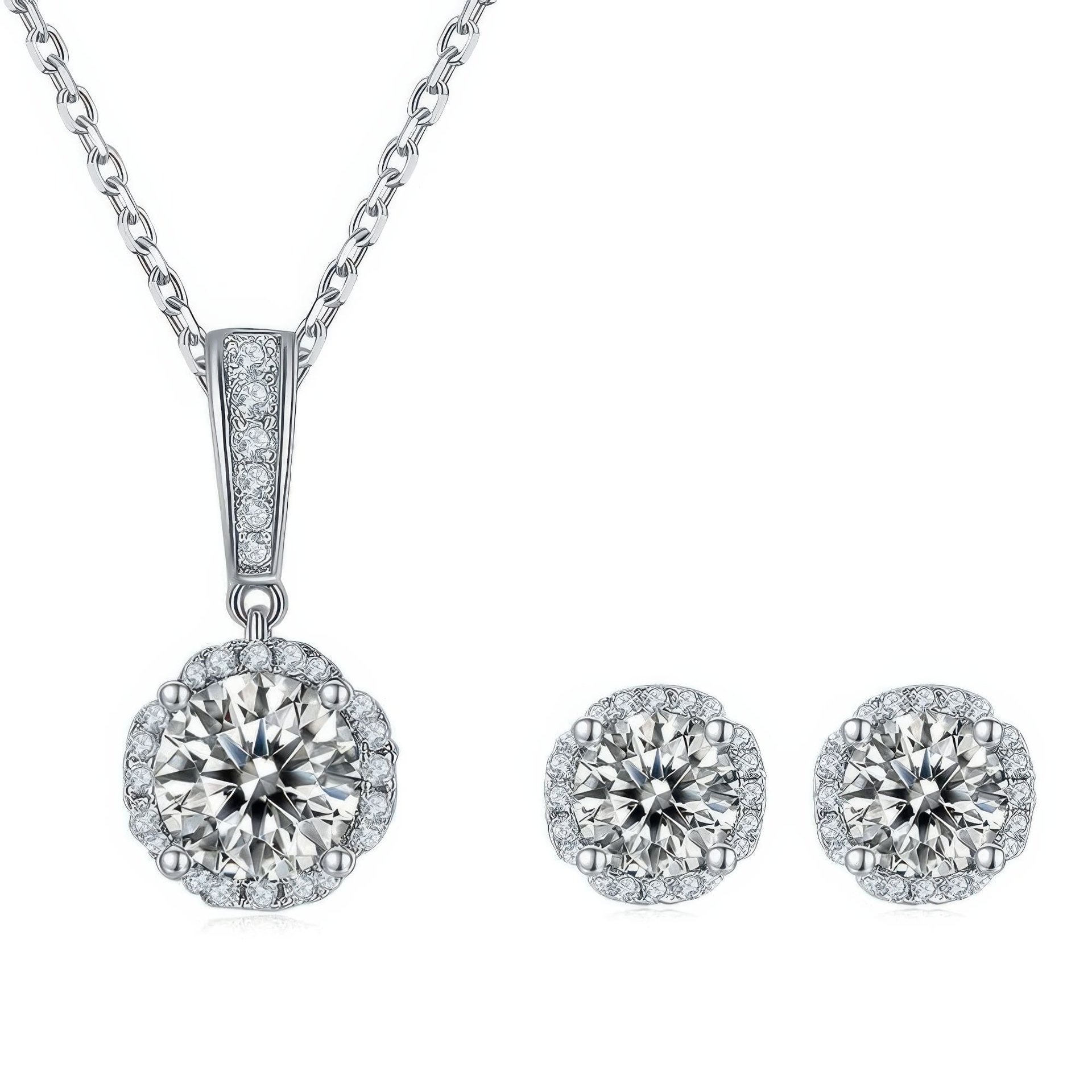 Moissanite Floral Halo Jewelry Set | Round Pendant Necklace & Stud Earrings | 925 Silver