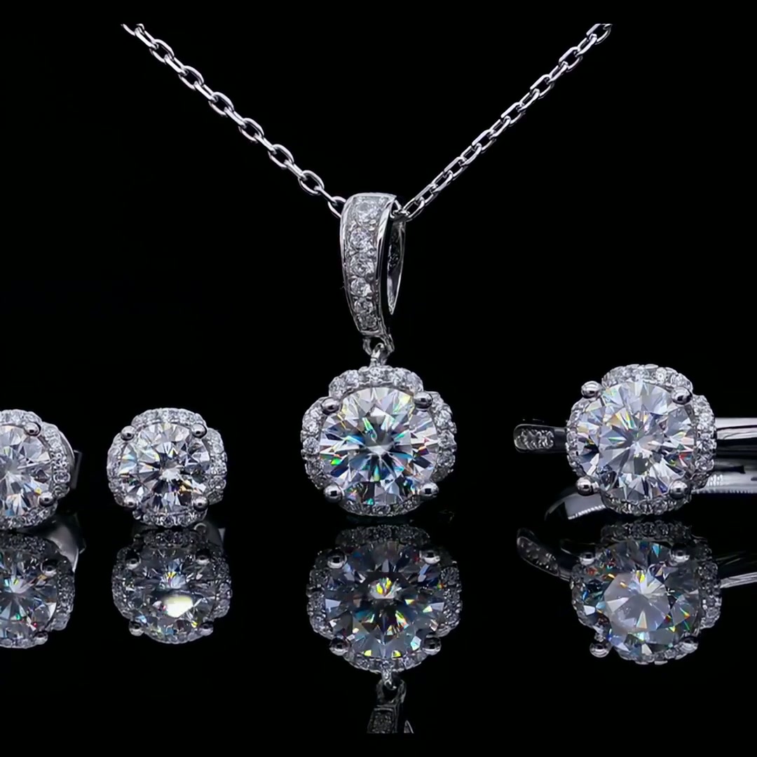 Moissanite Floral Halo Jewelry Set | Round Pendant Necklace & Stud Earrings | 925 Silver product video thumbnail