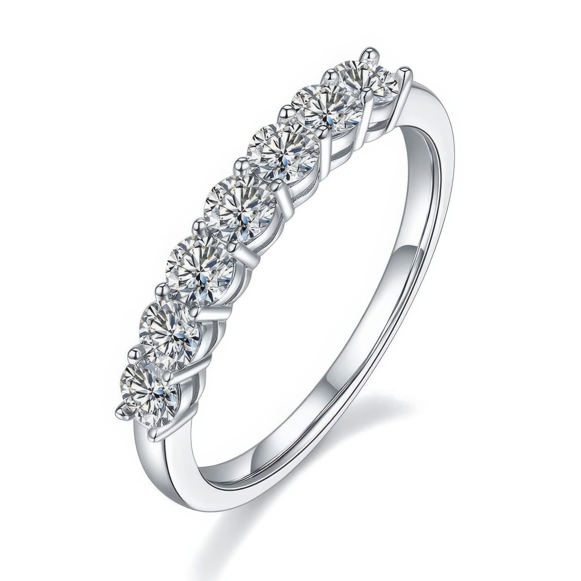 Seven-Stone Moissanite Half Eternity Row Ring | Round Cut 925 Silver Stacking Band