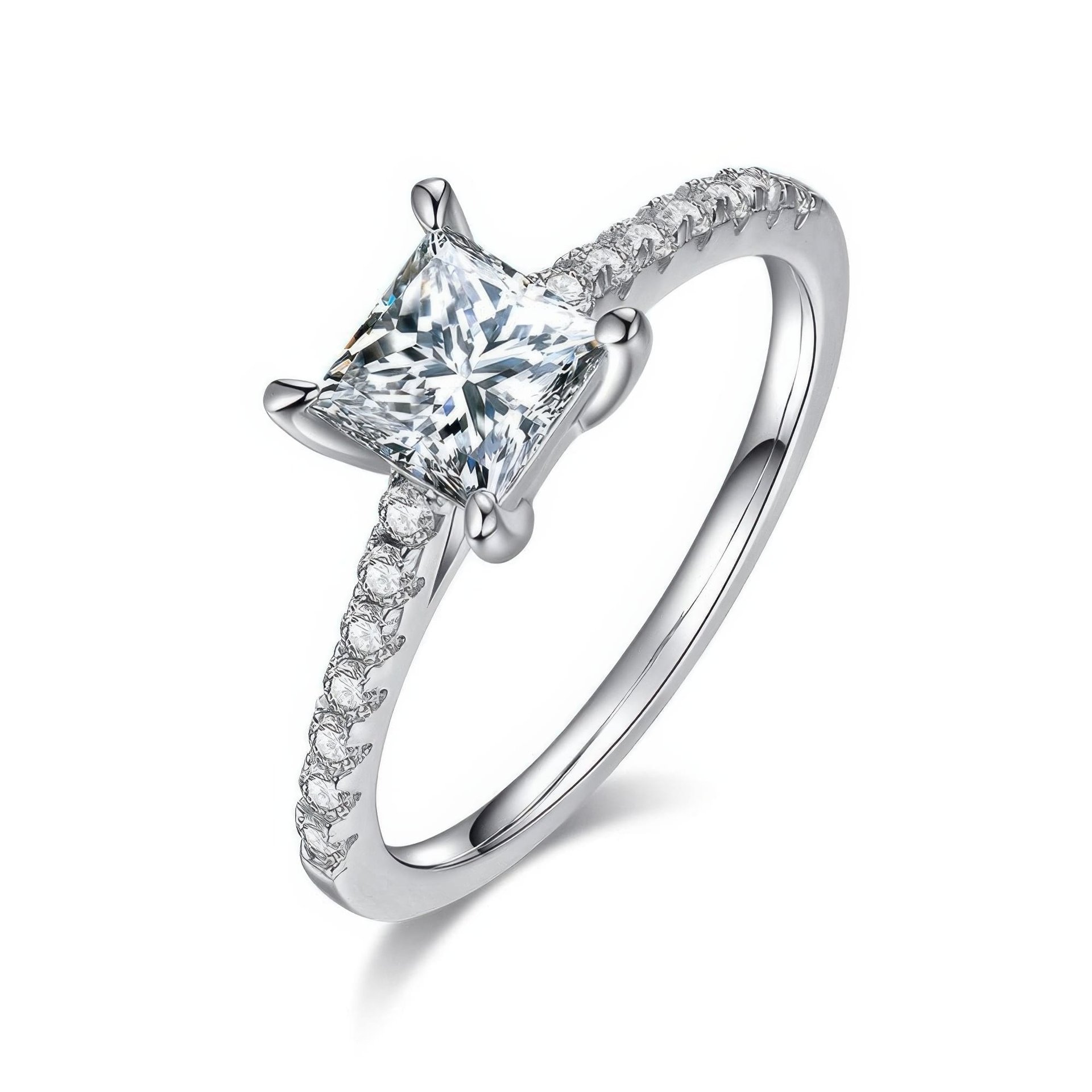 1ct Princess-Cut Moissanite Solitaire Ring | Square Pavé Band, 925 Silver