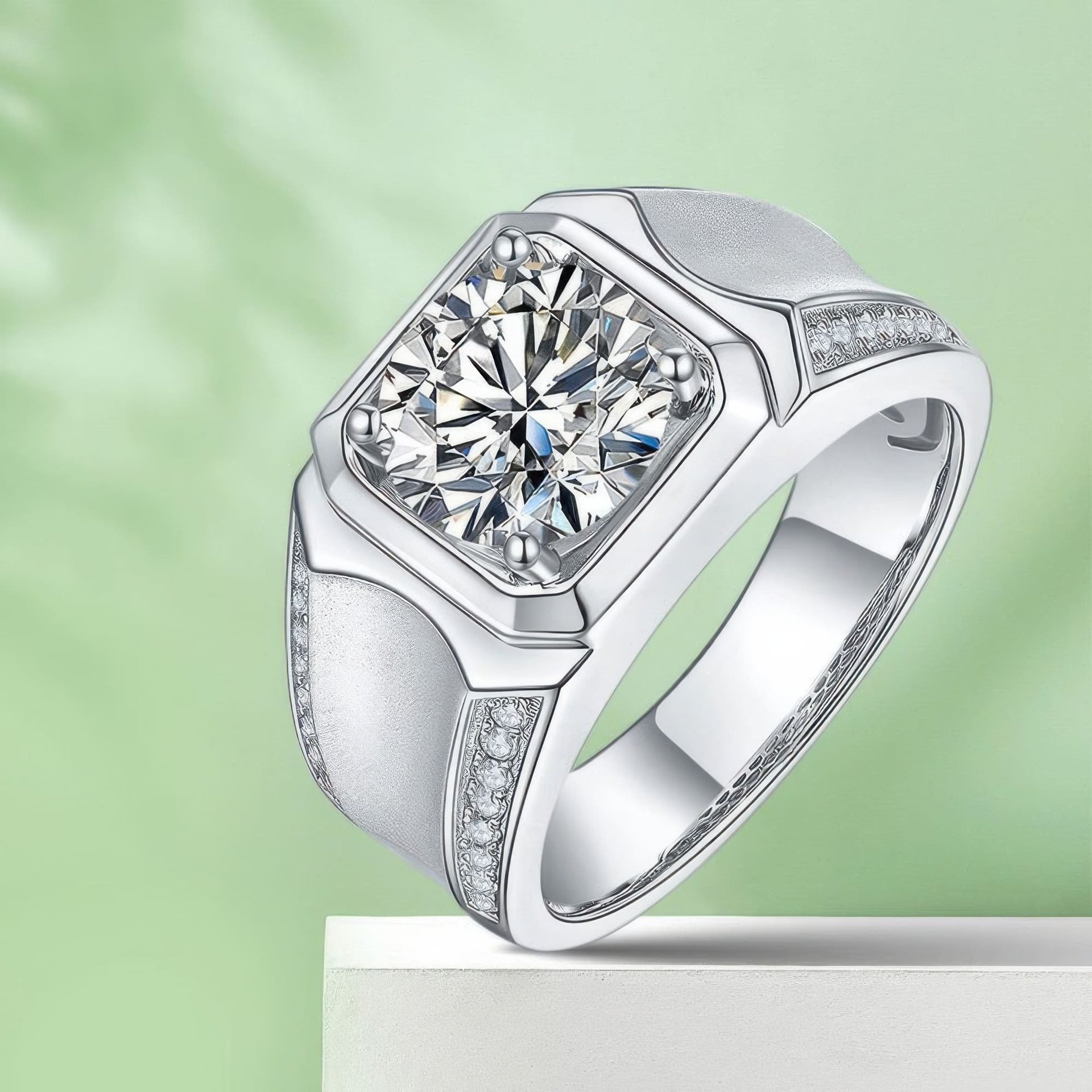 3CT Mens Moissanite Ring | Round Solitaire in Squared Halo, Pavé Shoulders - Image 5