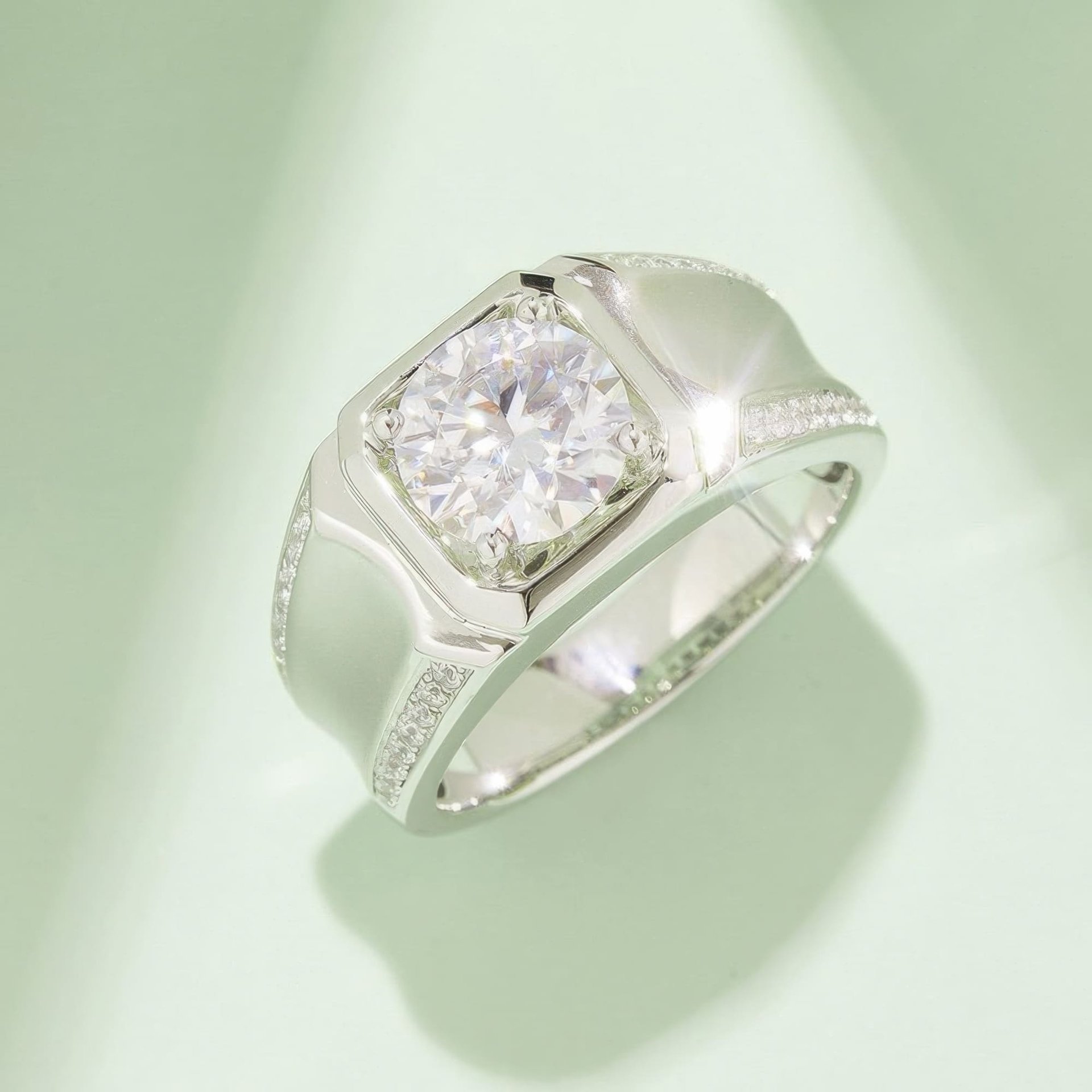 3CT Mens Moissanite Ring | Round Solitaire in Squared Halo, Pavé Shoulders - Image 2