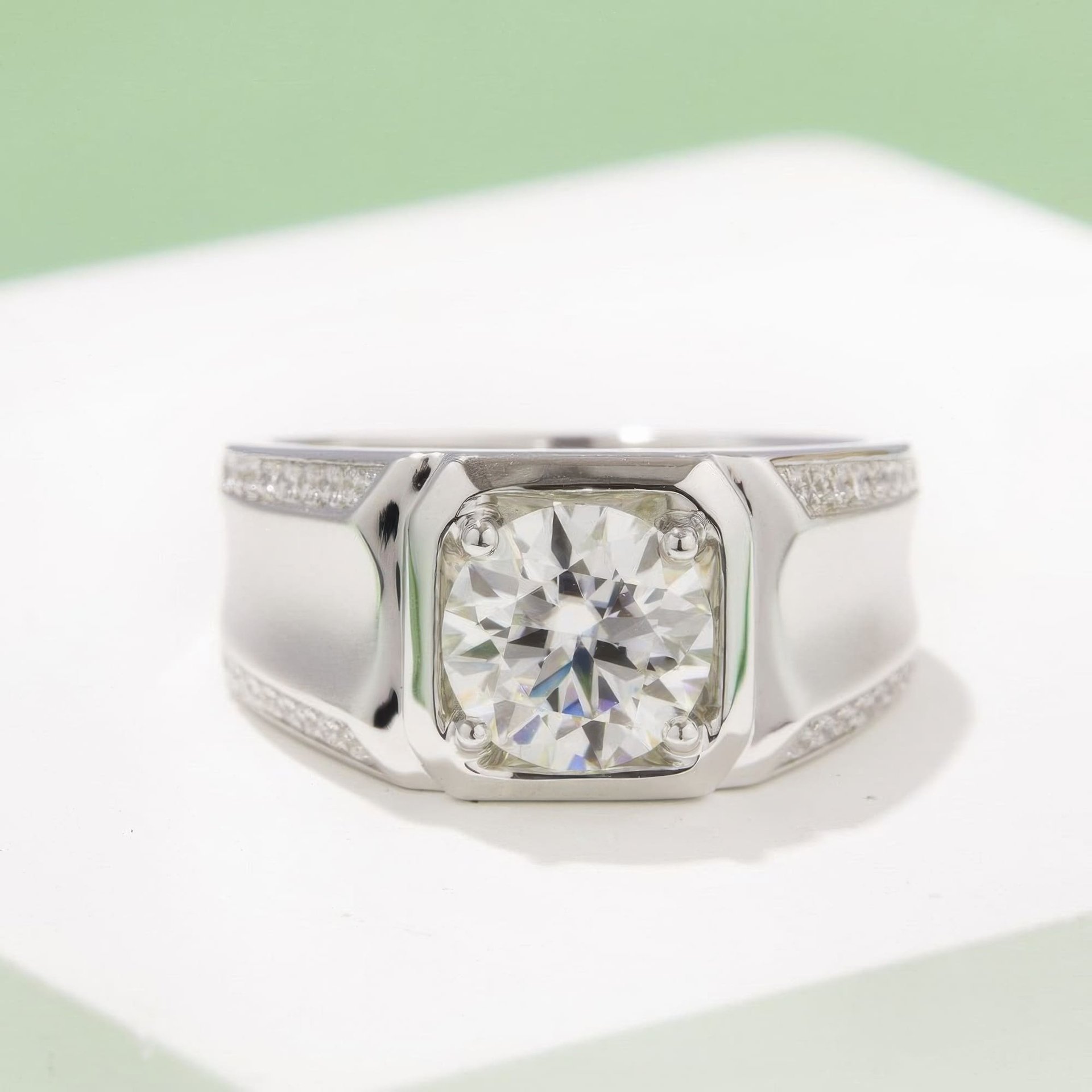 3CT Mens Moissanite Ring | Round Solitaire in Squared Halo, Pavé Shoulders - Image 3