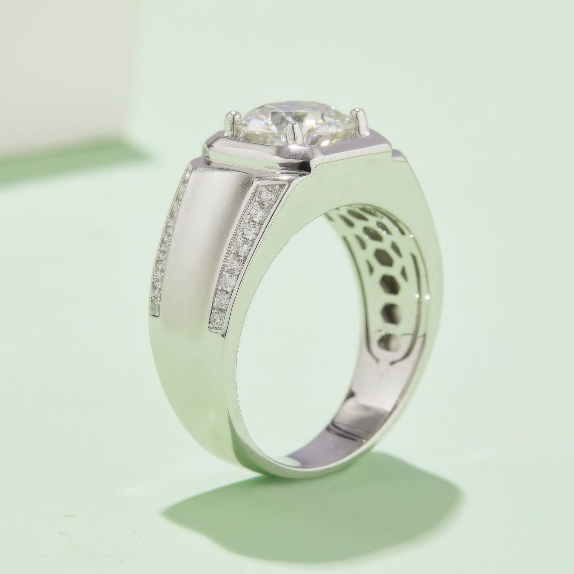 3CT Mens Moissanite Ring | Round Solitaire in Squared Halo, Pavé Shoulders - Image 4