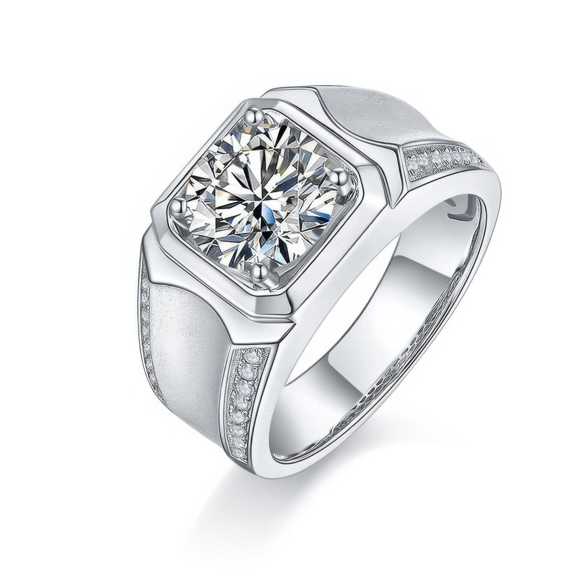 3CT Mens Moissanite Ring | Round Solitaire in Squared Halo, Pavé Shoulders