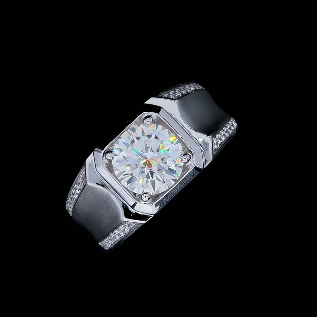 3CT Mens Moissanite Ring | Round Solitaire in Squared Halo, Pavé Shoulders product video thumbnail