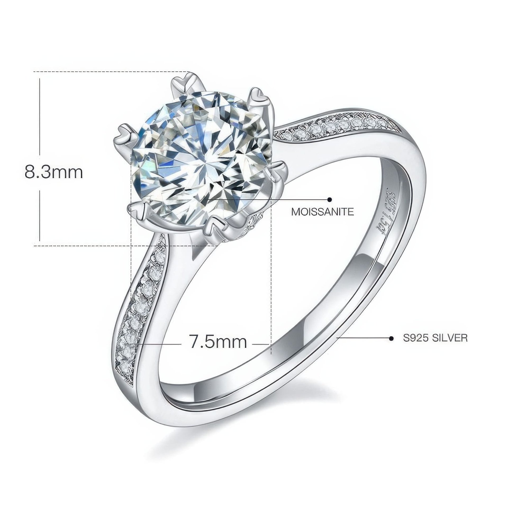 1.5ct Round Moissanite Solitaire Ring | Heart-Prong Pavé Band | Sterling Silver - Image 6