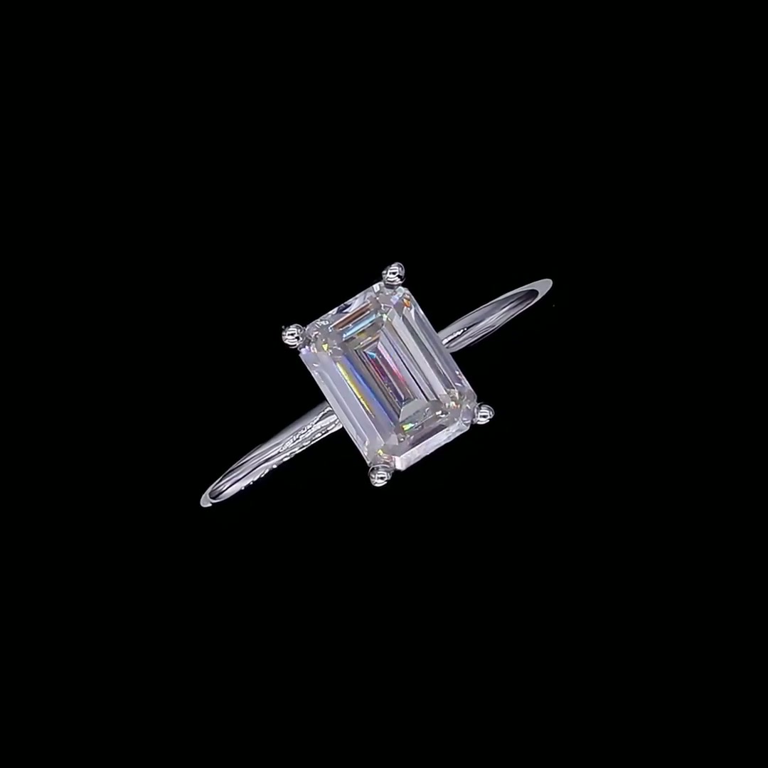 1ct Emerald Cut Moissanite Solitaire Ring | DEF VVS Step-Cut | 925 Sterling Silver product video thumbnail
