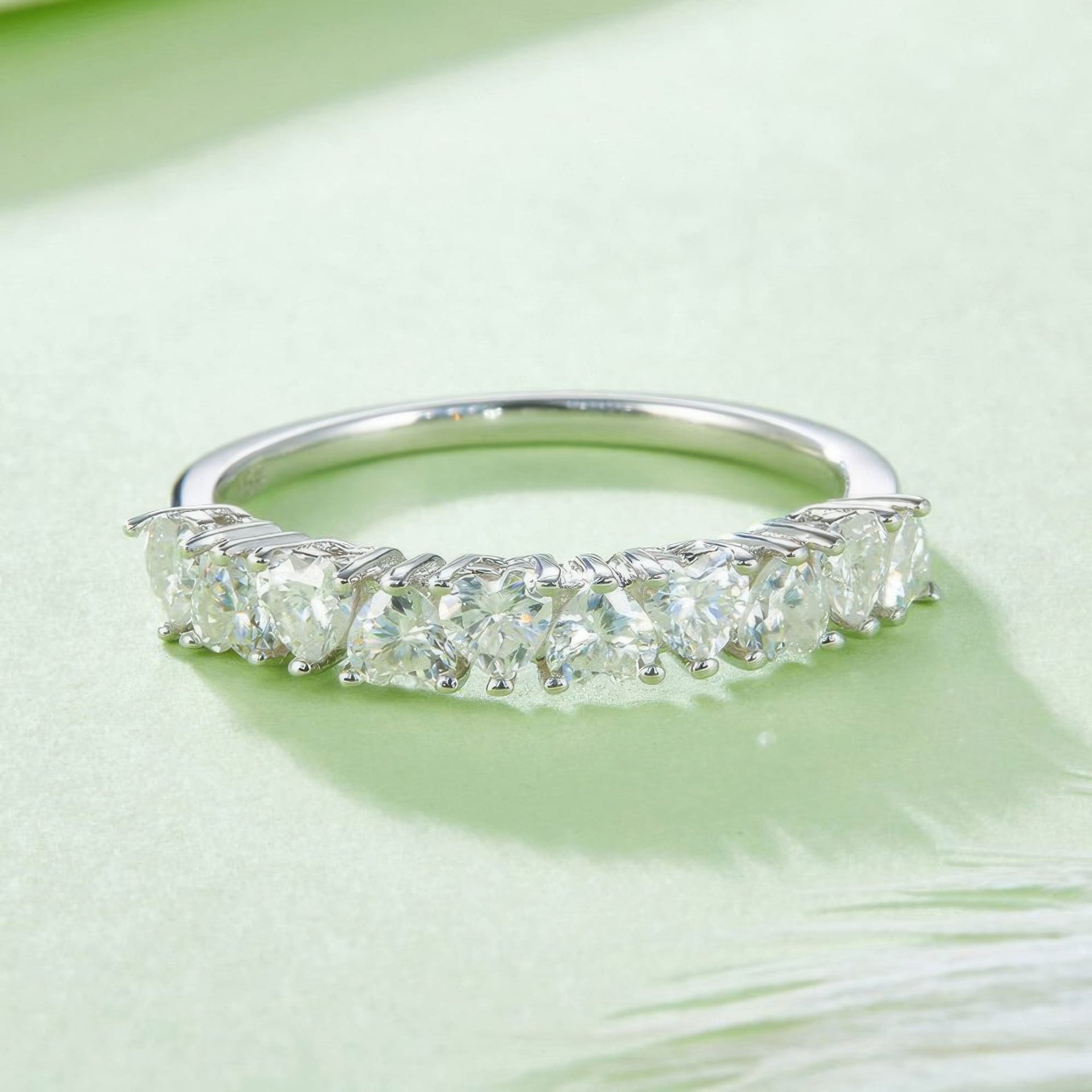 Round Moissanite Half-Eternity Row Ring | Staggered 925 Silver Stacking Band - alternate view