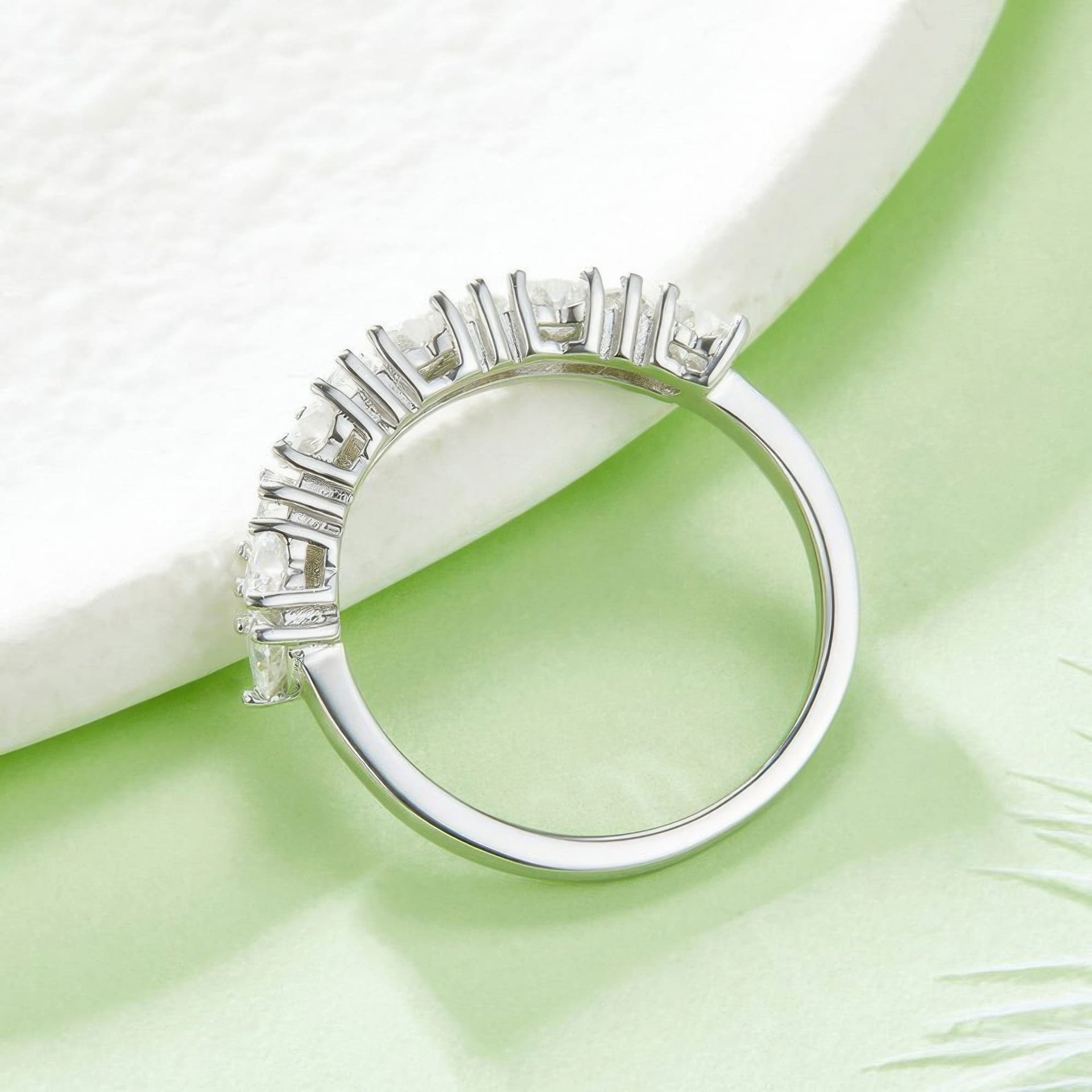Round Moissanite Half-Eternity Row Ring | Staggered 925 Silver Stacking Band - Image 4
