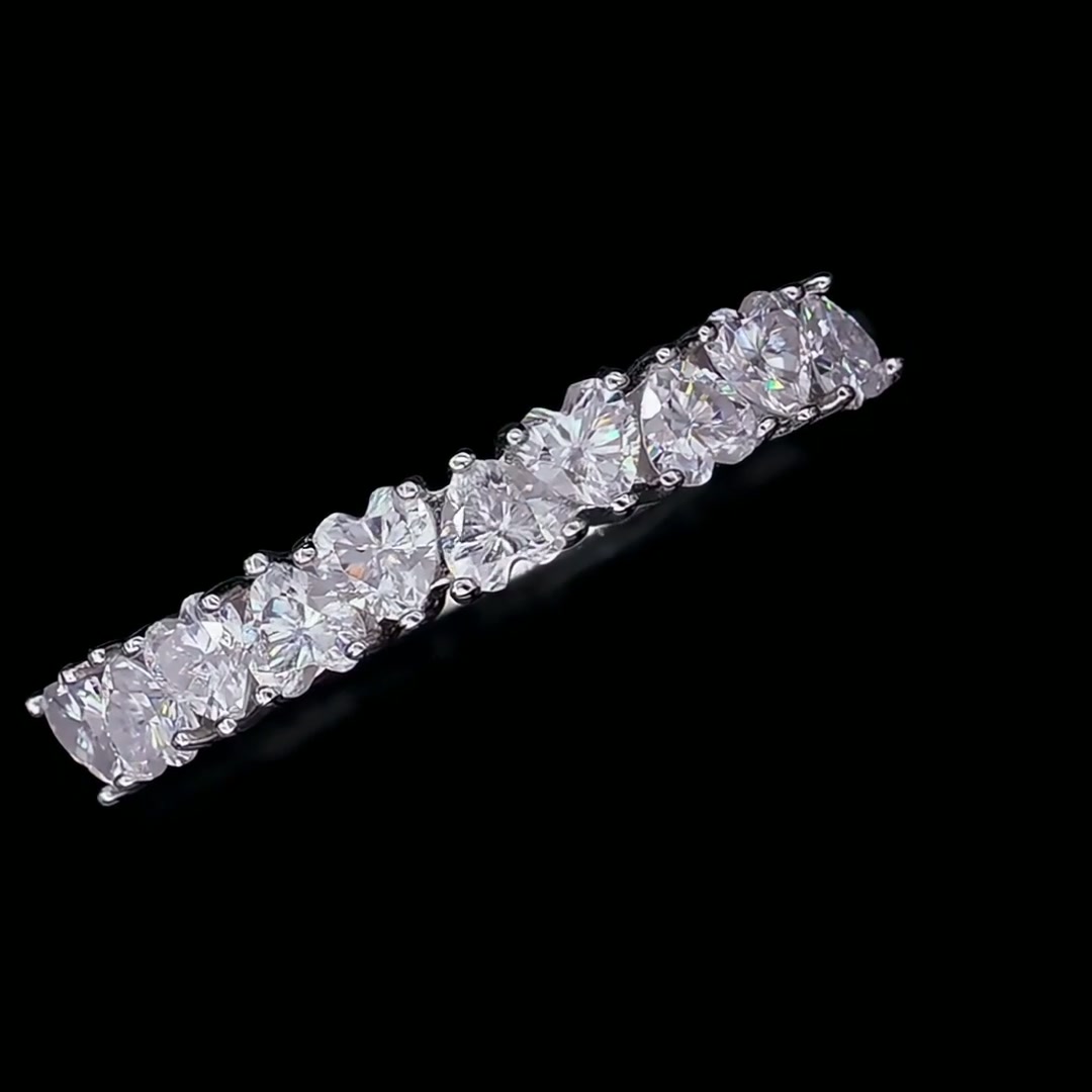 Round Moissanite Half-Eternity Row Ring | Staggered 925 Silver Stacking Band product video thumbnail