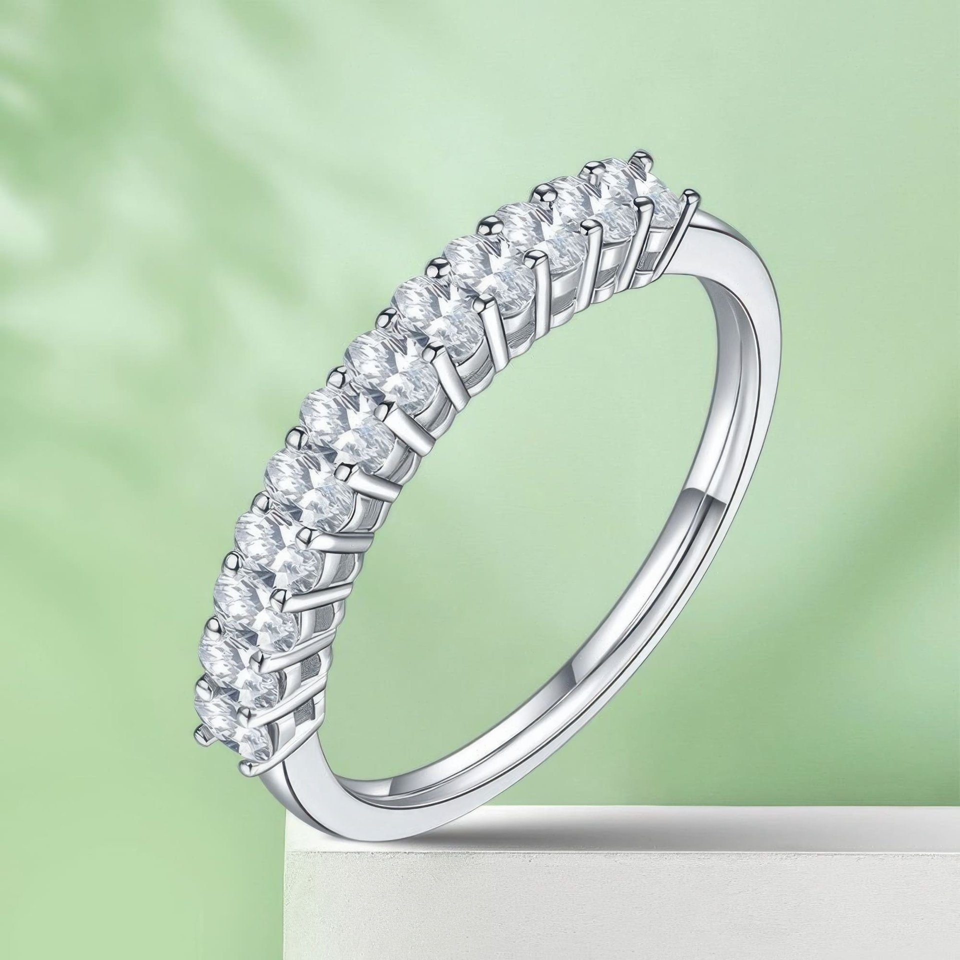 Vintage Oval Moissanite Half-Eternity Row Ring | East-West Set 925 Sterling Silver Stacking Band - Image 5